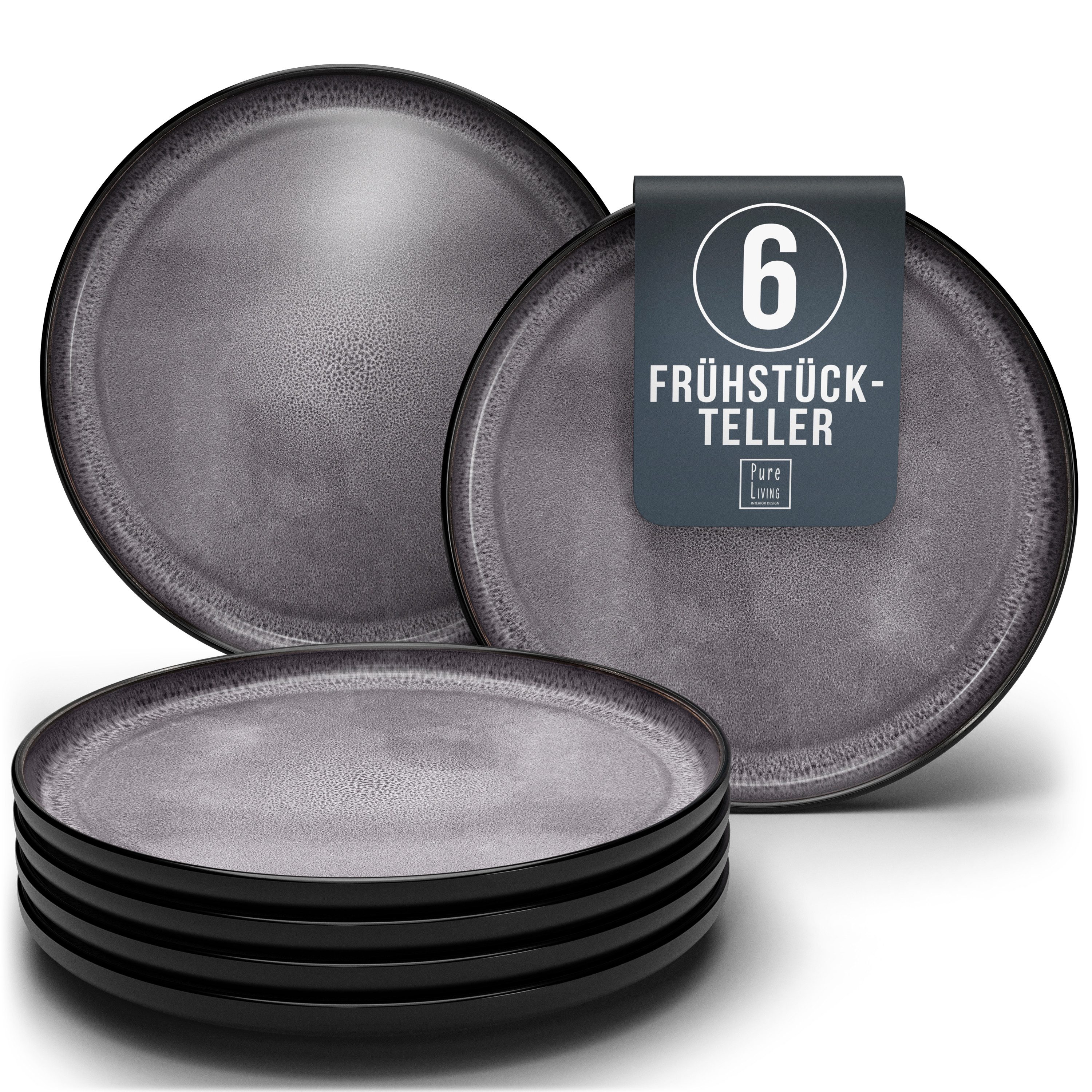 PURE LIVING INTERIOR DESIGN Geschirr-Set Ibiza Dessertteller, Frühstückteller, 6er-Set, 20 cm, Grau (6-tlg), 6 Personen, Steingut