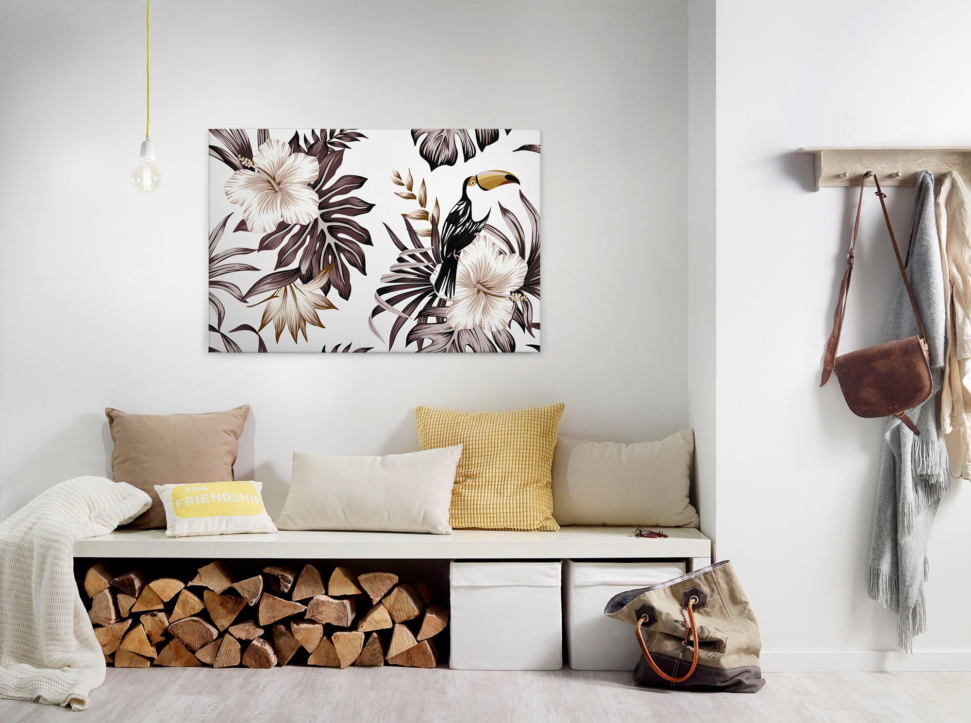 A.S. Création Leinwandbild Toucan, Blumen (1 St), Palmenblätter Hibiskus Dschungel Keilrahmen braun, weiß, gelb | Leinwandbilder