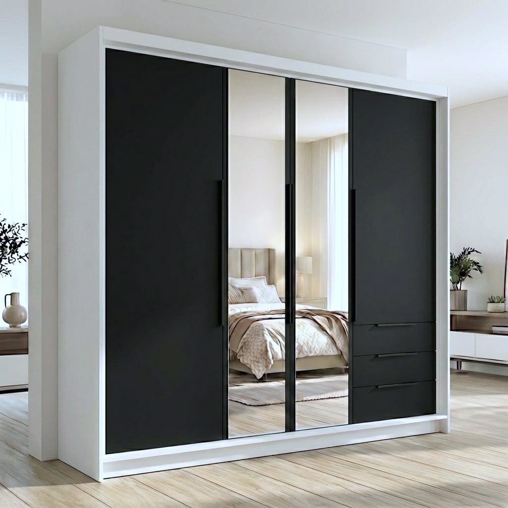 A&J MöbelLand GmbH Drehtürenschrank VIVO mit integrierten Schubladen (Geräumiger vier¬türiger Kleiderschrank mit Schubladen und Metallgriffen. Geräumiger Schrank mit einer Breite von 200 cm und Schubladen, ideal zur Aufbewahrung von Kleidung und Accessoires. Viel Stauraum. TOP PRODUKT! Wählen Sie das ideale Modell für Ihr Schlafzimmer!, TOP ANGEBOT) Breite: 200 cm, Höhe: 215 cm, Tiefe: 59,5 cm