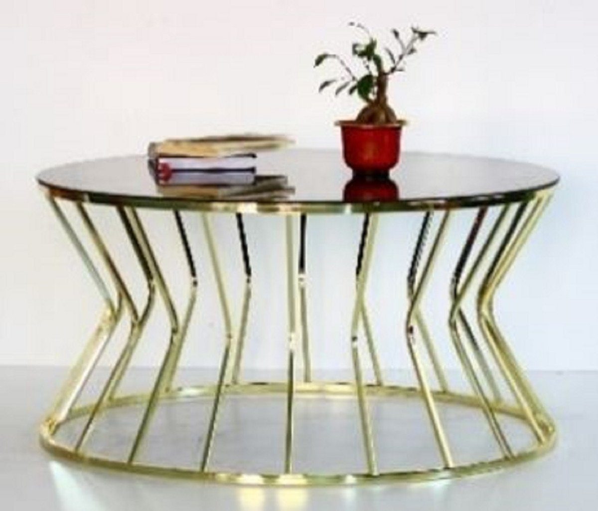 Casa Padrino Couchtisch Designer Couchtisch Gold / Grau Ø 90 x H. 40 cm - Runder Wohnzimmertisch mit Glasplatte - Luxus Möbel