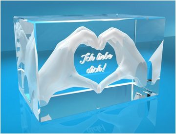 VIP-LASER Dekofigur 3D Glasquader I Herz aus Händen mit Gravur I Text: Ich liebe Dich!, Hochwertige Geschenkbox, Made in Germany, Familienbetrieb