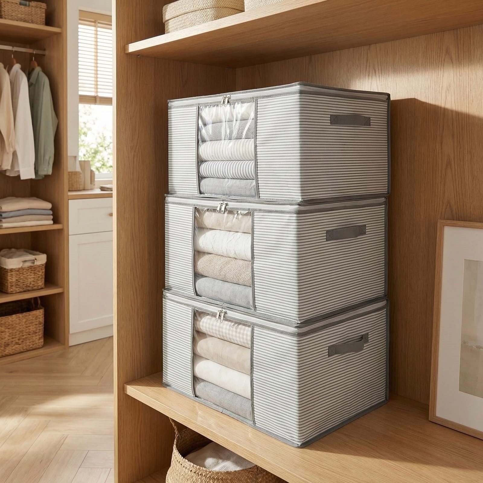 FOUORTUNATE-BEE Organizer 3 Stück Aufbewahrungstasche Kleideraufbewahrung (Kleiderschrank Organizer Aufbewahrungsbox Klappbar Stapelbar, 3 St., mit Verstärkten  – Bild 4 von 5