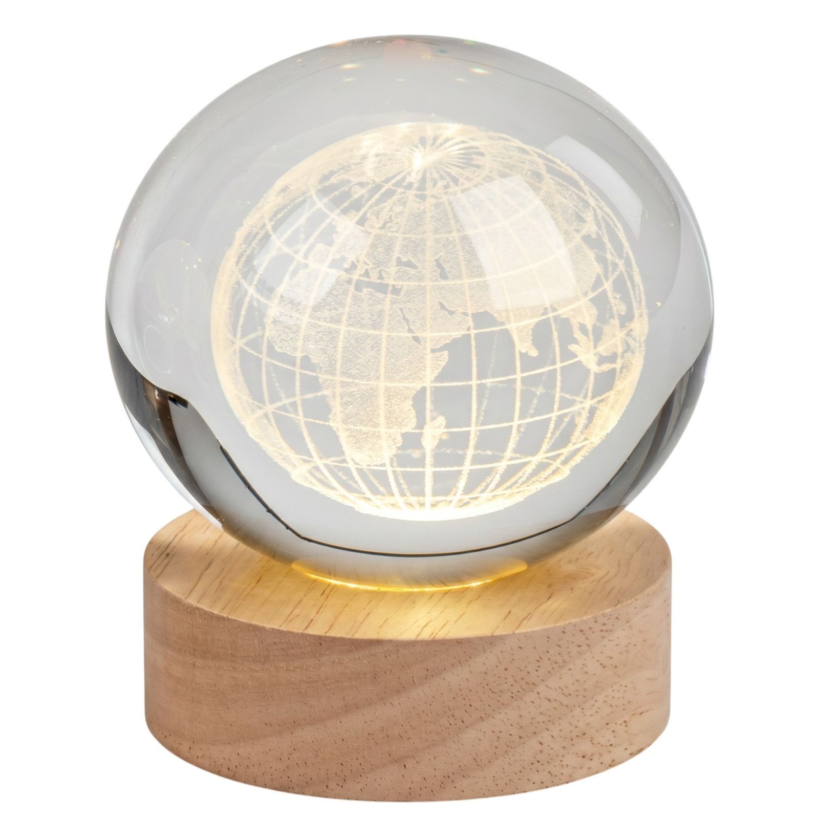 formano LED Dekolicht Kristallkugel Globus 3D LED Holzsockel 8cm eingelaserter Weltkugel, LED fest integriert