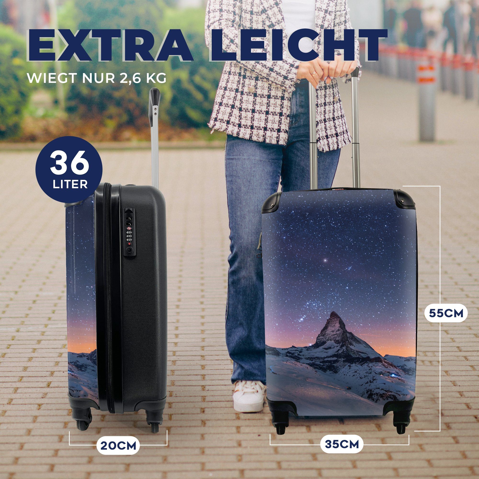 Reisekoffer MuchoWow Sternenhimmel Rollen, mit Schnee, - Reisetasche Handgepäck - Alpen Ferien, 4 für Trolley, rollen, Handgepäckkoffer