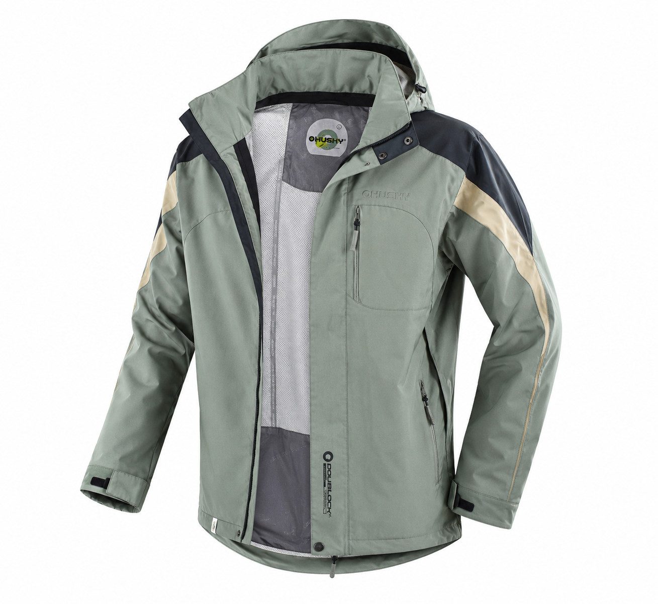 Husky Outdoorjacke SAVER Herren Regenjacke Wanderjacke Trekking robust grün Gr. L mit abnehmbarer Kapuze, Map-Pocket, Lüftungsschlitze