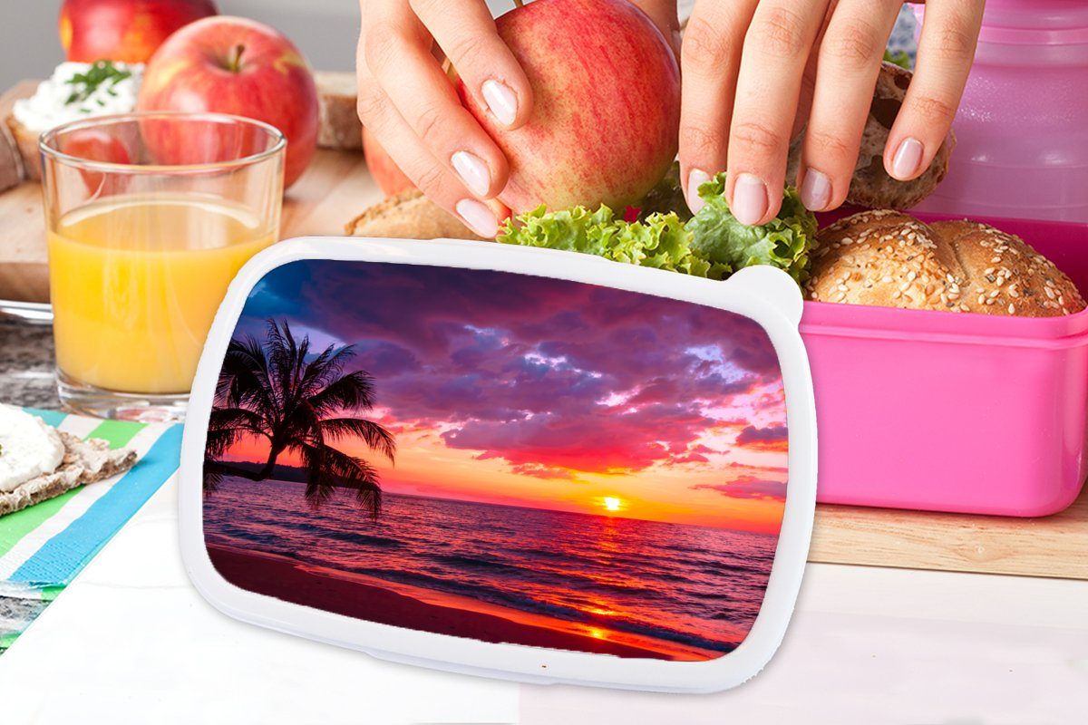 MuchoWow Horizont - Kunststoff für Kinder, (2-tlg), Palme - Erwachsene, Snackbox, Rosa - - Kunststoff, Mädchen, Meer, Sonne Brotdose Lunchbox Brotbox