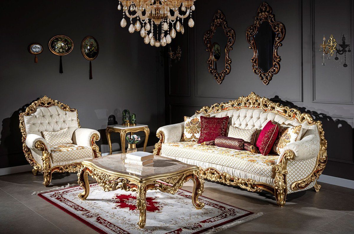 Casa Padrino dekorativen / Barock Braun / Kissen mit - Prunkvolles Sofa Barock Sofa Sofa Gold Möbel - Gold / Weiß Luxus Wohnzimmer