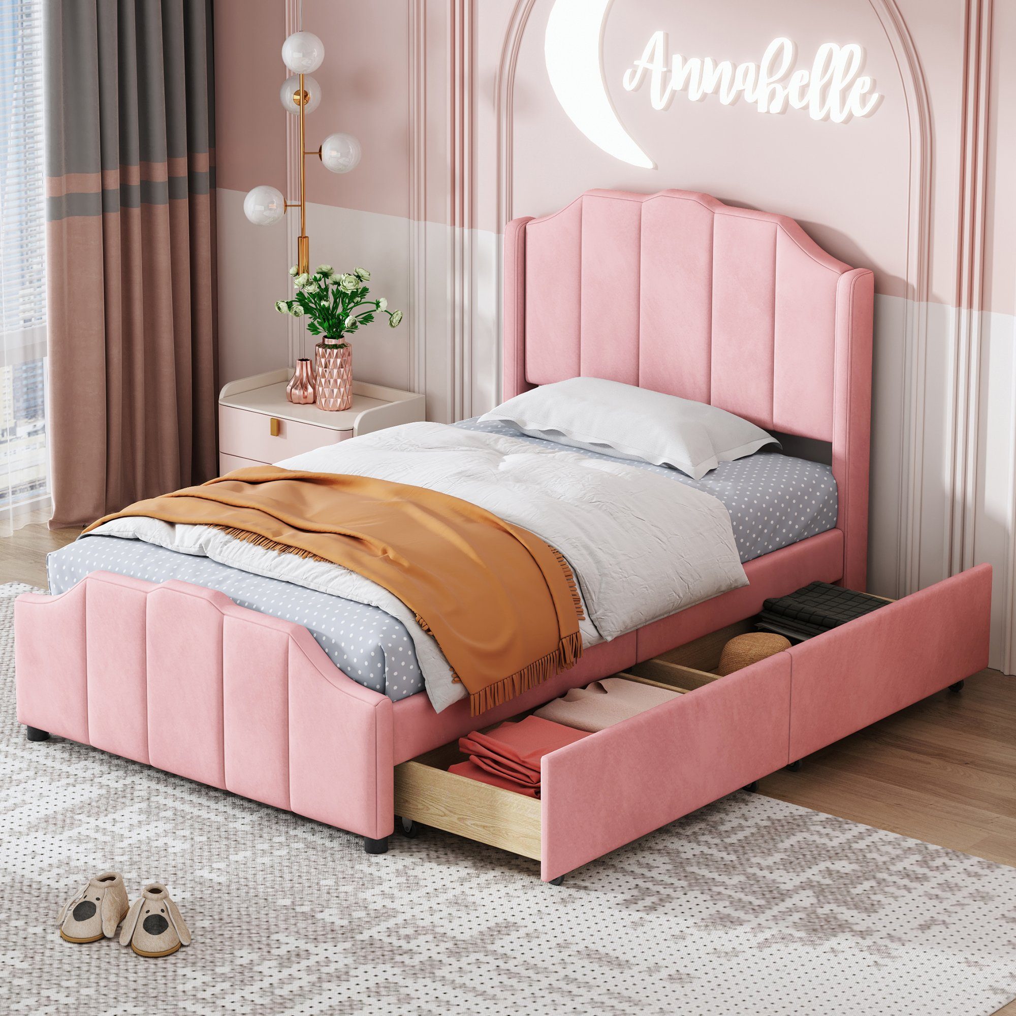 Polsterbett (Kinderbett), Einzelbett 90x200cm mit 2 Schubladen & Lattenrost, weicher Samt-Bezug