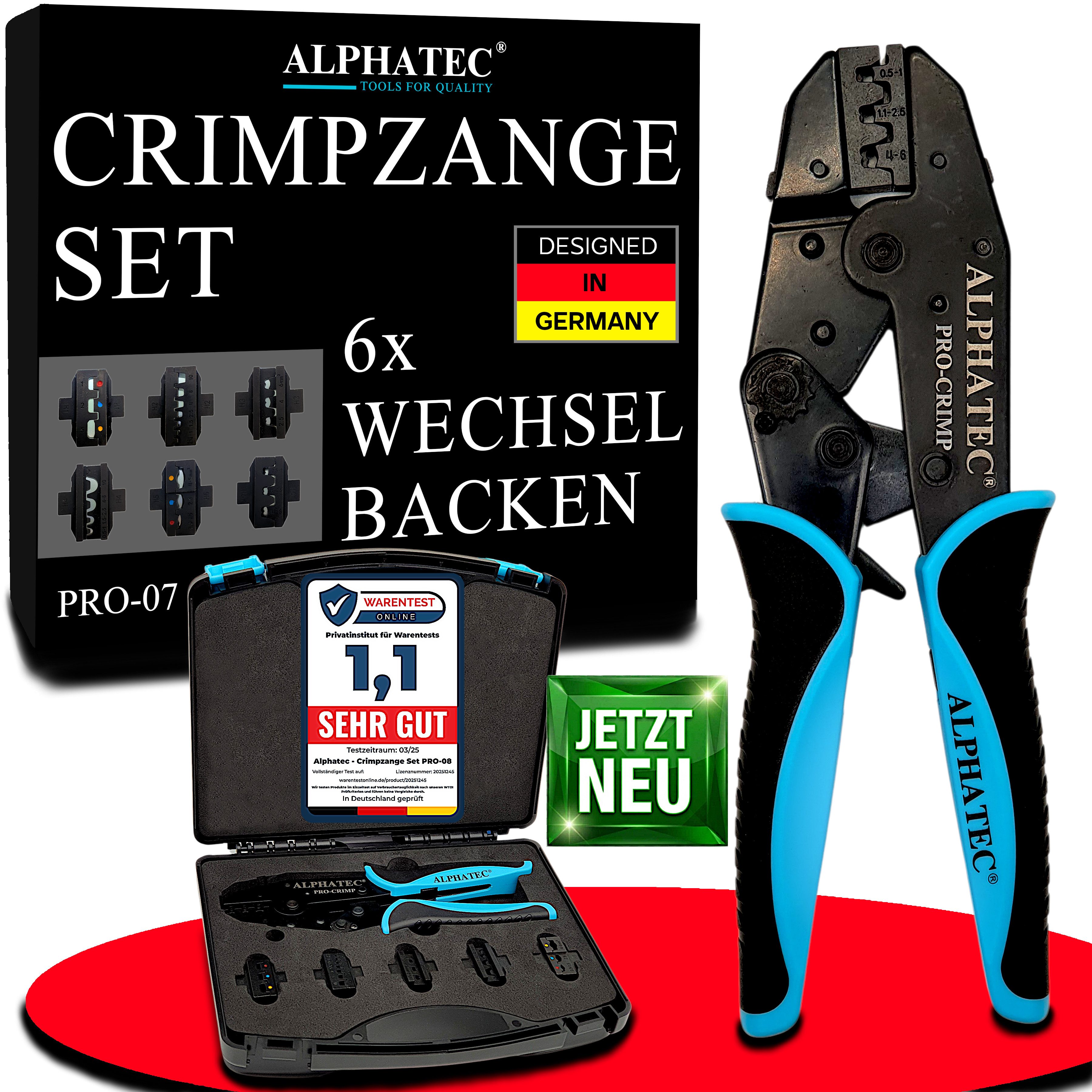 ALPHATEC® Crimpzange Crimpzangen Set mit Wechselbacken inkl. Abisolierzange 0,25-10mm² 8tlg, Kabelschuhe, Aderendhülsen, Flachstecker, Quetschverbinder, MC4, Solar
