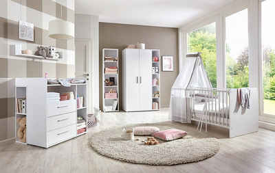 moebel-dich-auf Babyzimmer-Komplettset KIM 4, (in weiß, Bett + Wickelkommode + Unterbauregal+ Schrank + Regal), optional mit Matratze, Umbauseiten-Set oder Textil-Set