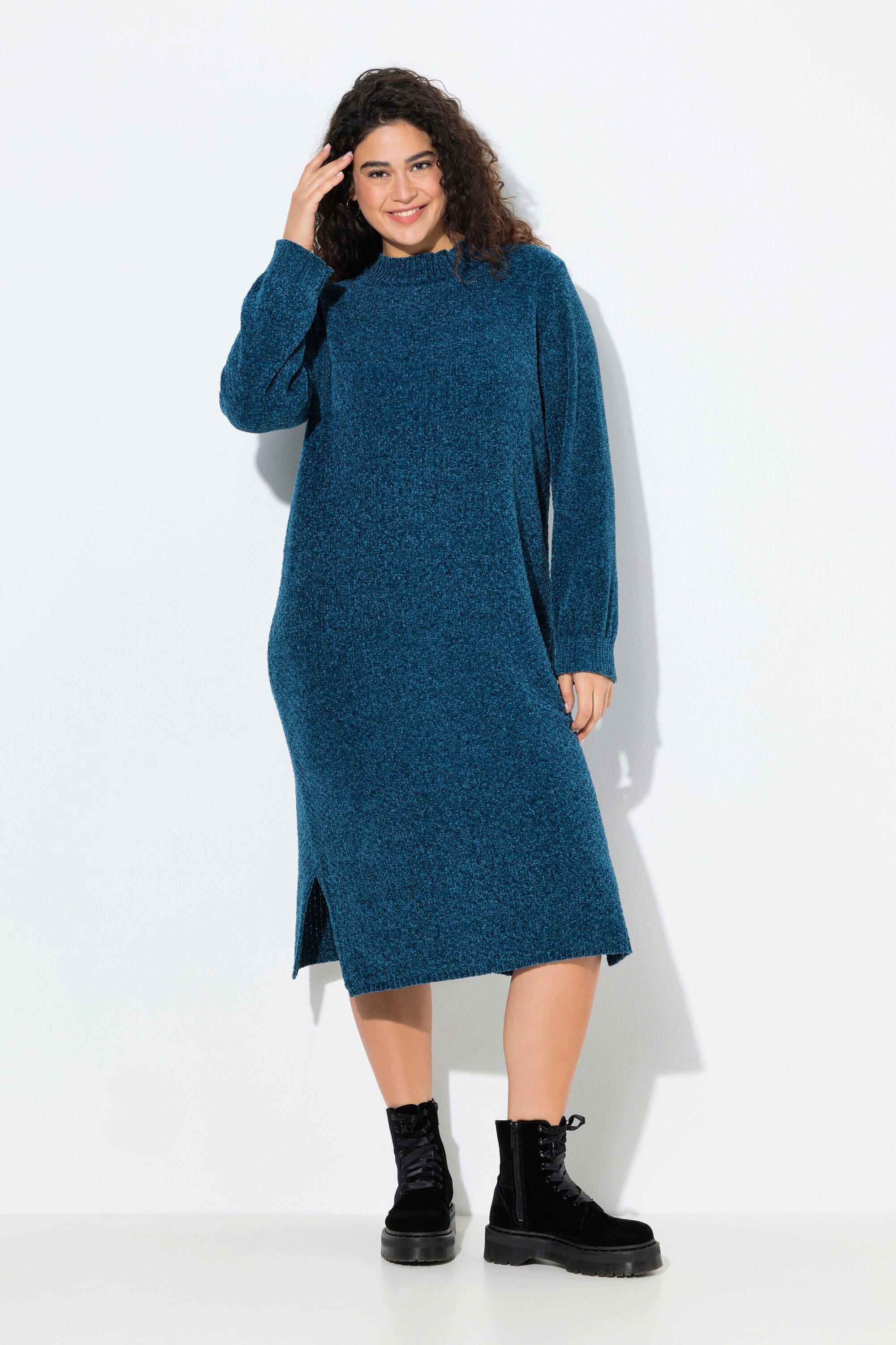 Ulla Popken Strickkleid Chenille-Midikleid weiter Stehkragen Langarm