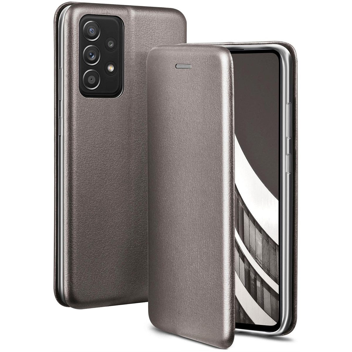 ONEFLOW Handyhülle für Samsung Galaxy A52 5G Premium Hülle Business Cover Grau 6,5 Zoll, 360 Grad Schutzhülle Flip Case Etui Klapphülle Dünn Leder Handy Tasche