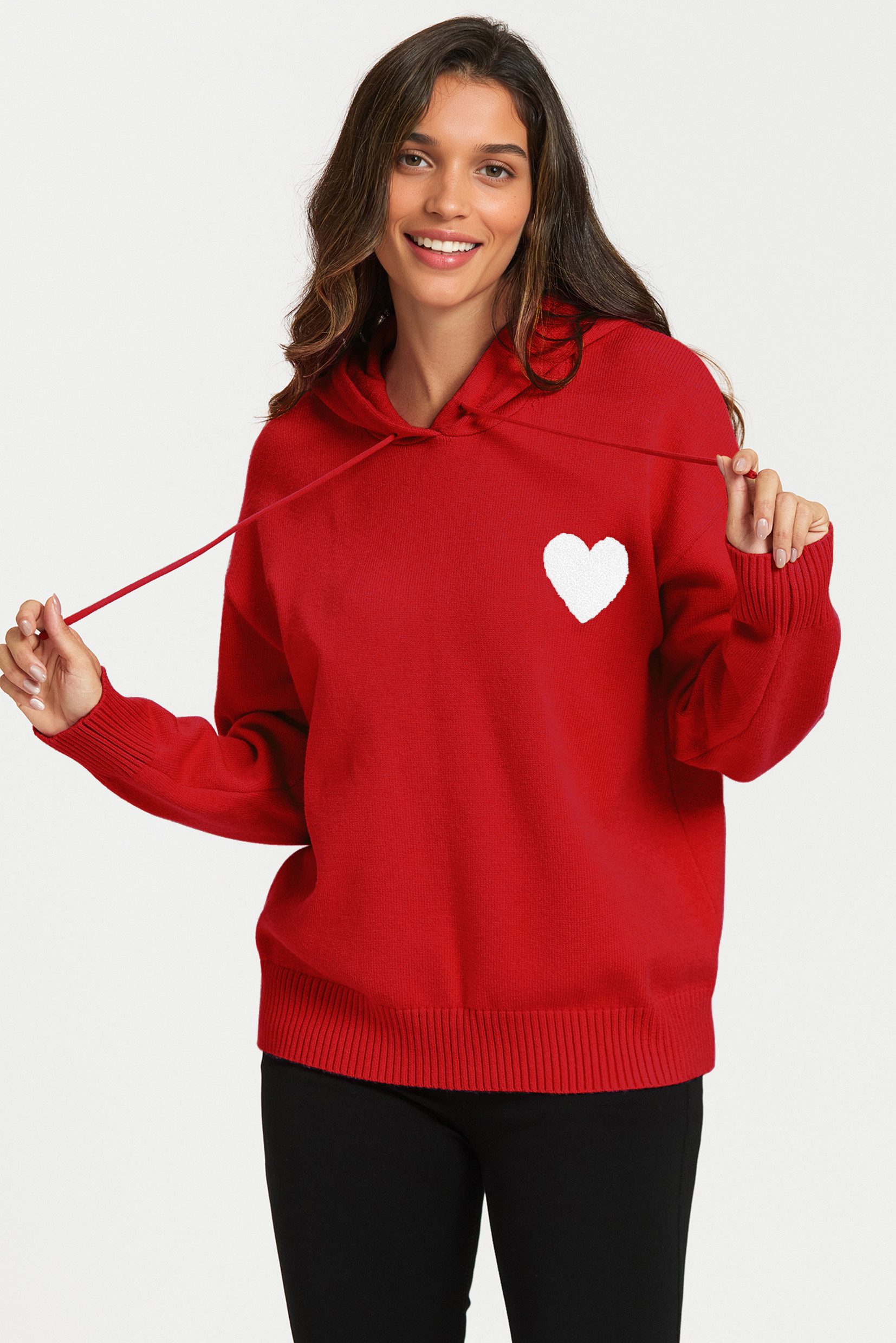 FS Collection Strickpullover Damen Strick-Hoodie Gestrickter Kapuzenpullover - Strickpullover (Einheitsgröße: UK 8–16 / EU 36–44, 6 Farben : Schwarz, Creme, Olivegrün, Fuchsia Rosa, Kamel und Rot) 56 % Viskose, 26 % Polyester, 18 % Wolle)