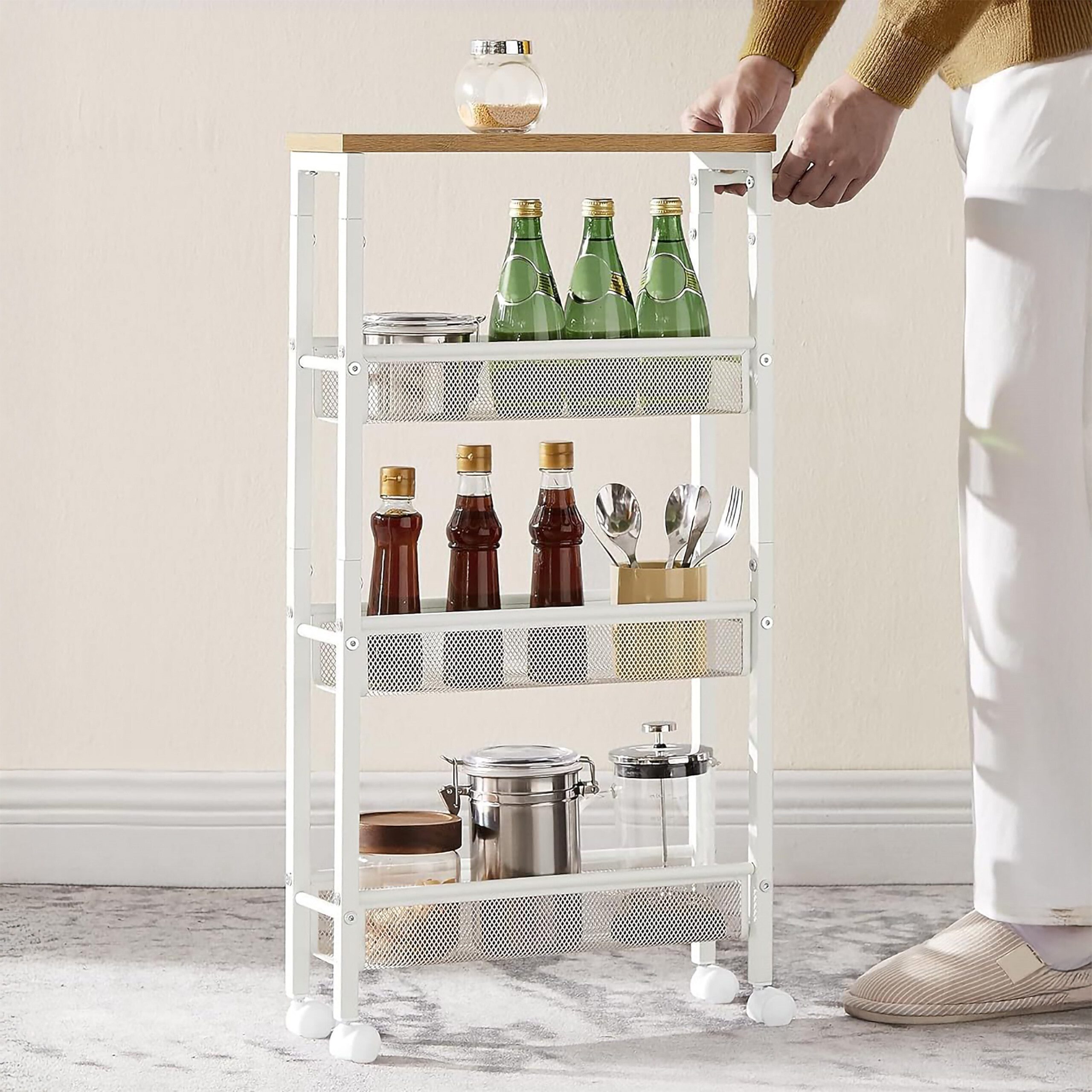 relaxdays Küchenwagen Nischenwagen mit 4 Ebenen, Hellbraun-Weiß, 13 cm