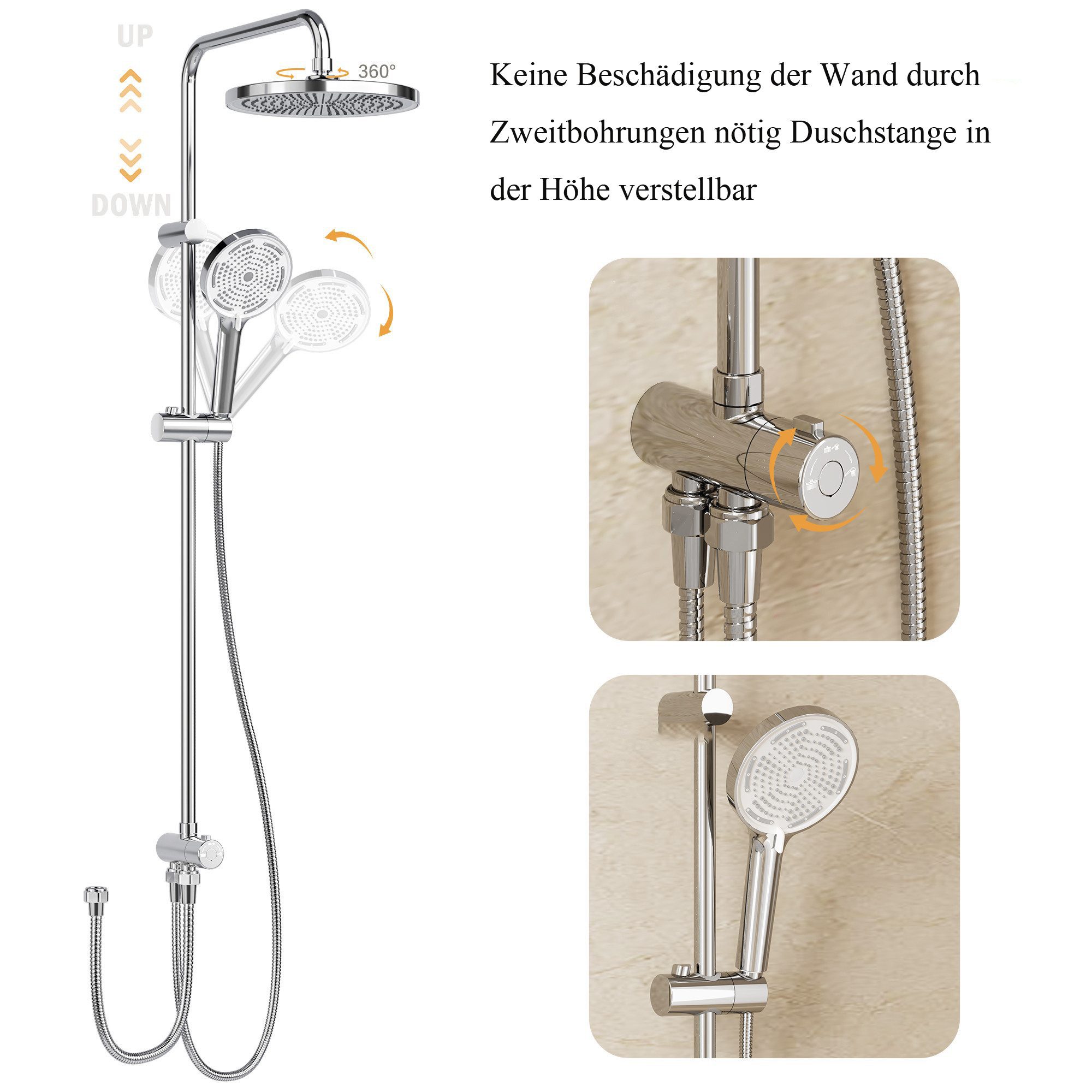 GarveeMore Brausegarnitur Duschsystem Regendusche, Duschset inkl, Einstellbare Einbauhöhe-D25cm