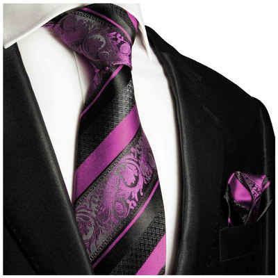 Paul Malone Krawatte Herren Seidenkrawatte Schlips mit Tuch barock gestreift 100% Seide (Set, 2-St., Krawatte mit Einstecktuch) Breit (8cm), pink schwarz 497