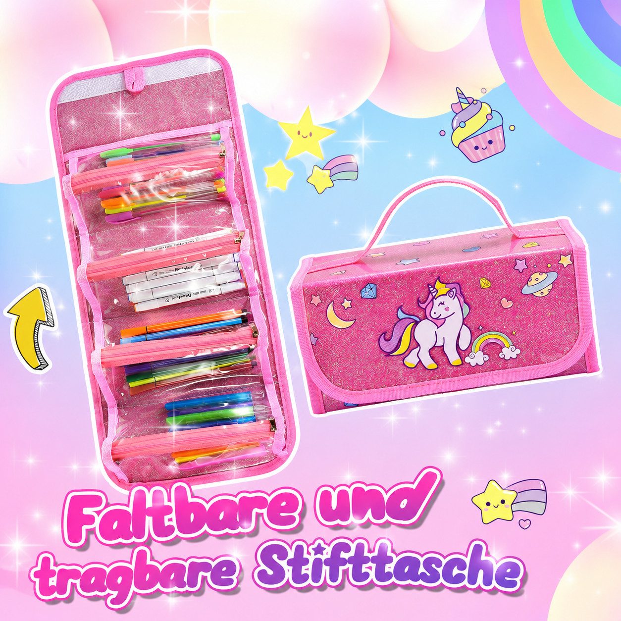Wootoy Buntstift Einhorn Malset mit Federmäppchen 54-teiliges Kreativset Glitzerstiften, (Federmäppchen mit 4 Reißverschlussfächern und Tragegriff, 54-tlg., mit Filzstiften Wachsmalstiften Aquarellbuntstiften Einhorn-Stickern), attraktives Geschenk für kleine Künstler und Einhorn-Fans