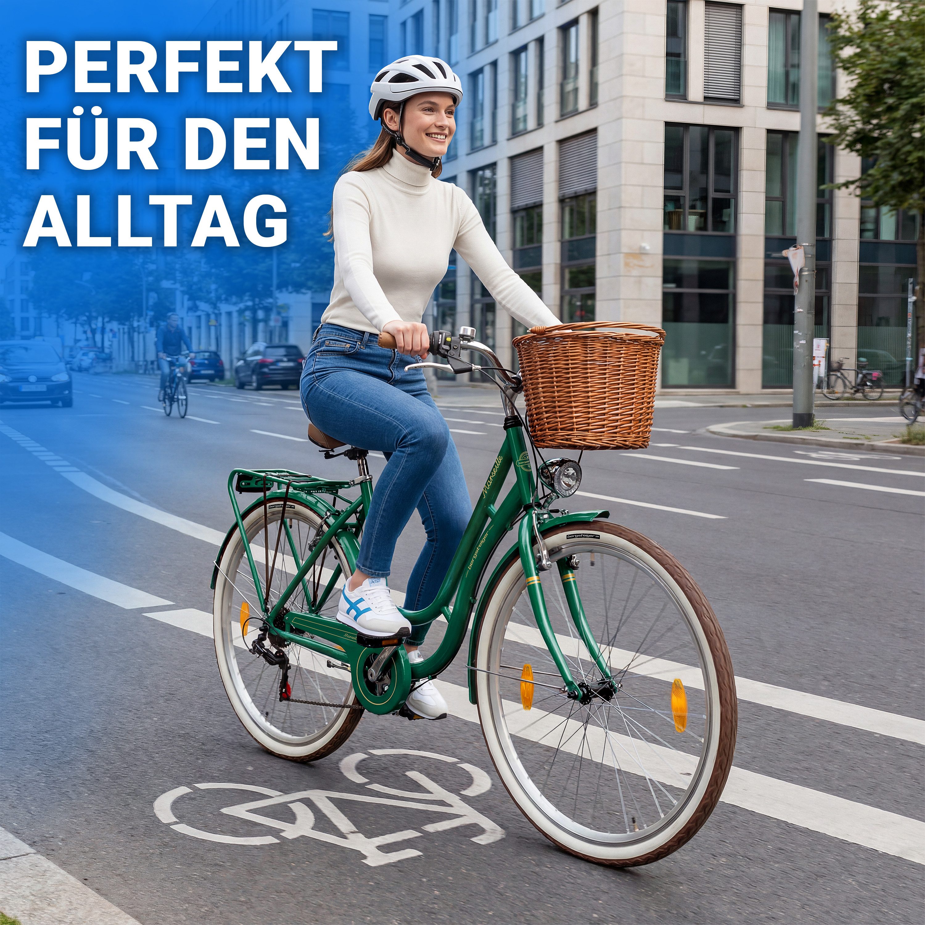 bergsteiger Cityrad Marseille 26 Zoll, 28 Zoll Damenfahrrad, ab 150 cm, Korb aus Rattan, 6 Gang, Kettenschaltung, V-Bremsen – Bild 4 von 5
