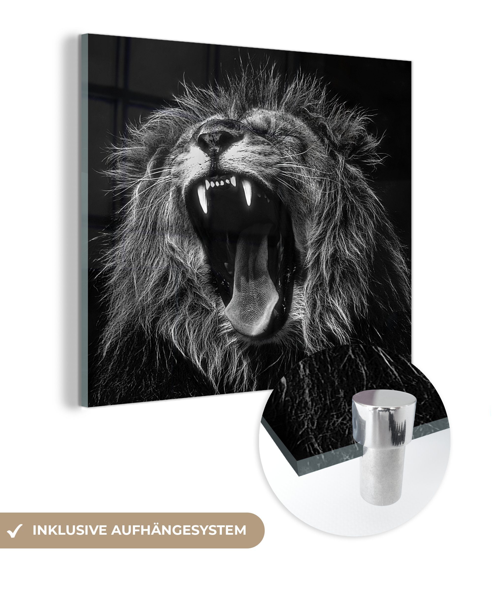 MuchoWow Acrylglasbild Löwen - Profil - Schwarz - Weiß, (1 St), Glasbilder - Bilder auf Glas Wandbild - Foto auf Glas - Wanddekoration | Bilder