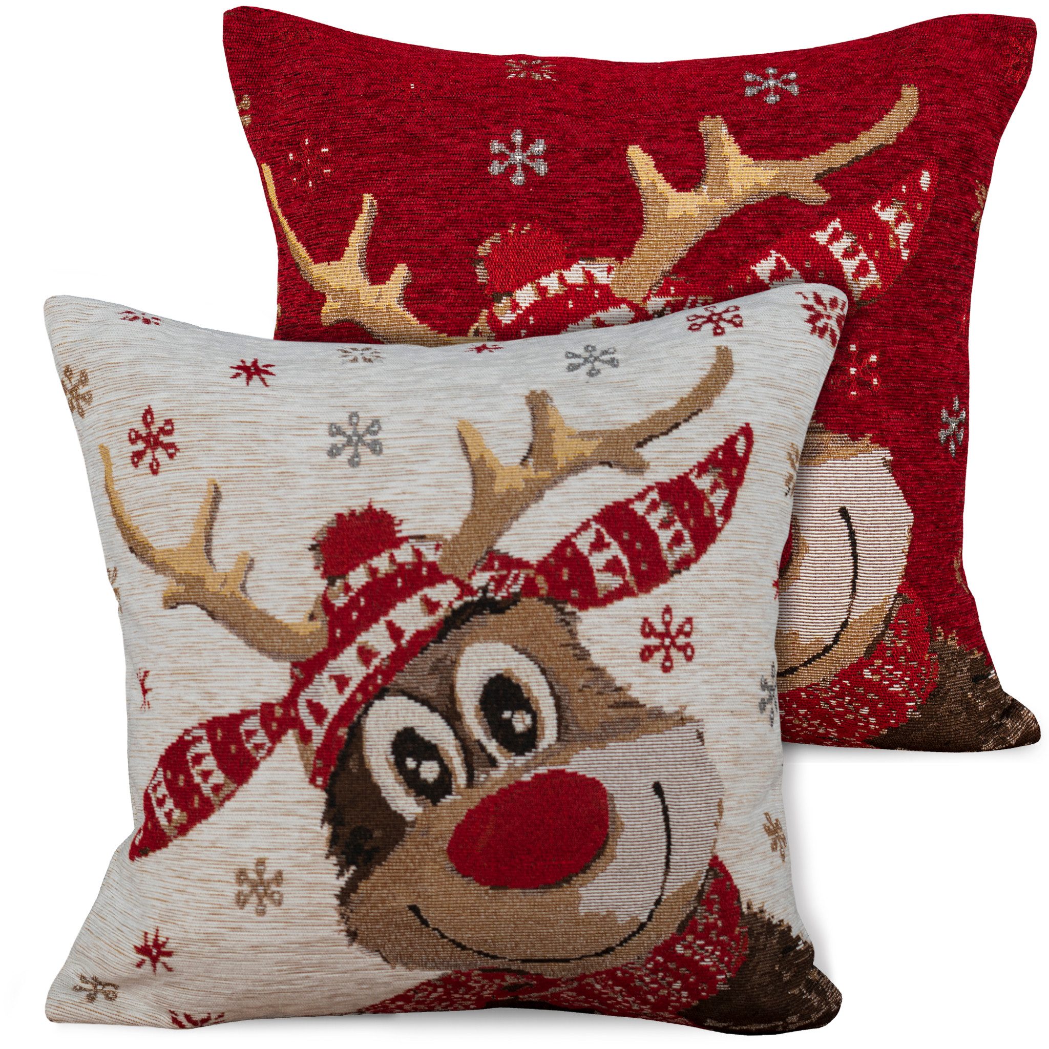 matches21 HOME & HOBBY Kissenbezüge 2er Misch-Set Kissenhüllen 45x45 cm Rentier beige & rot - Winter-Deko, (2 Stück), Zierkissen-Bezüge für Sofa-Kissen, Couch-Kissen