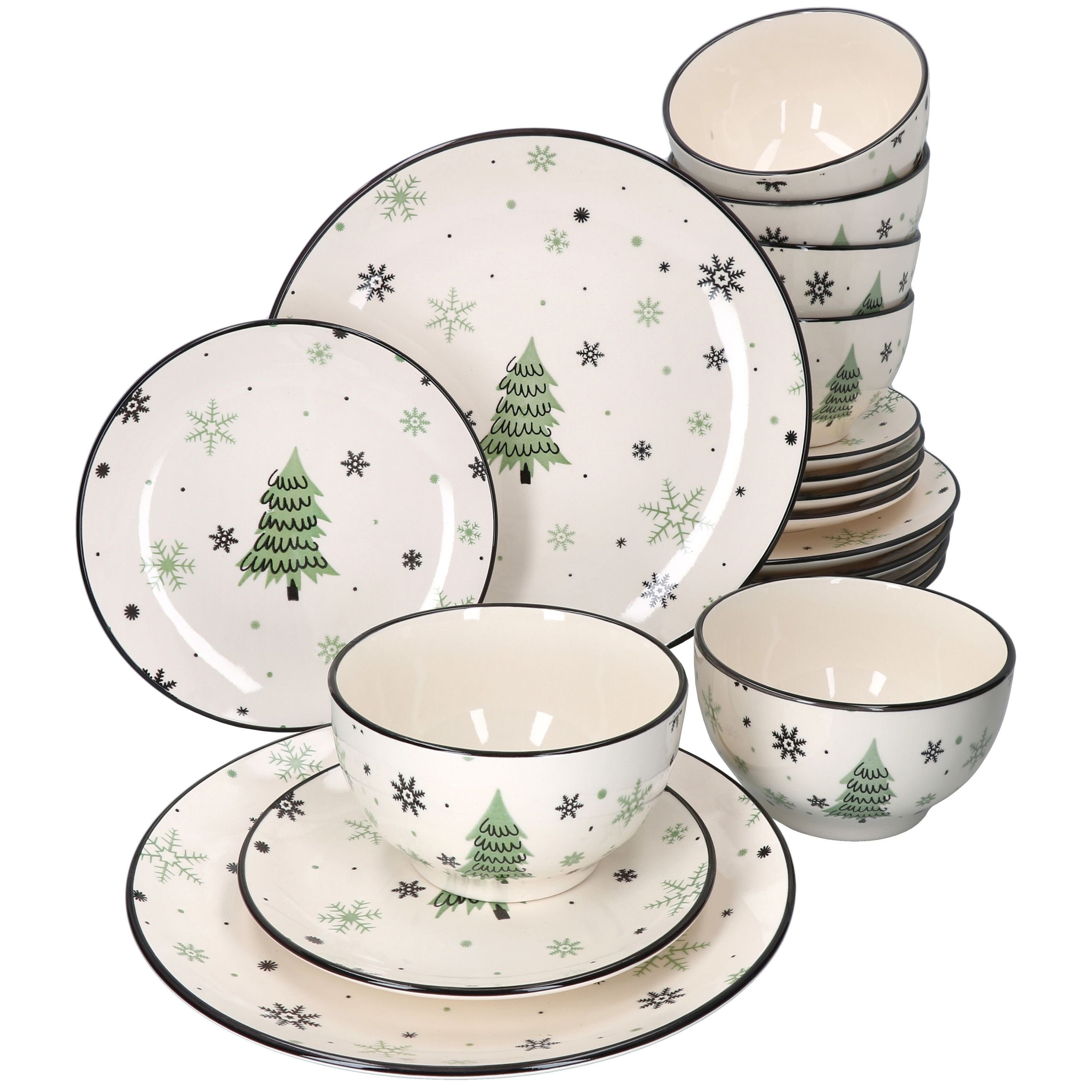 MamboCat Frühstücks-Geschirrset 18tlg Set Weihnachtsbaum 6 Personen, Steingut