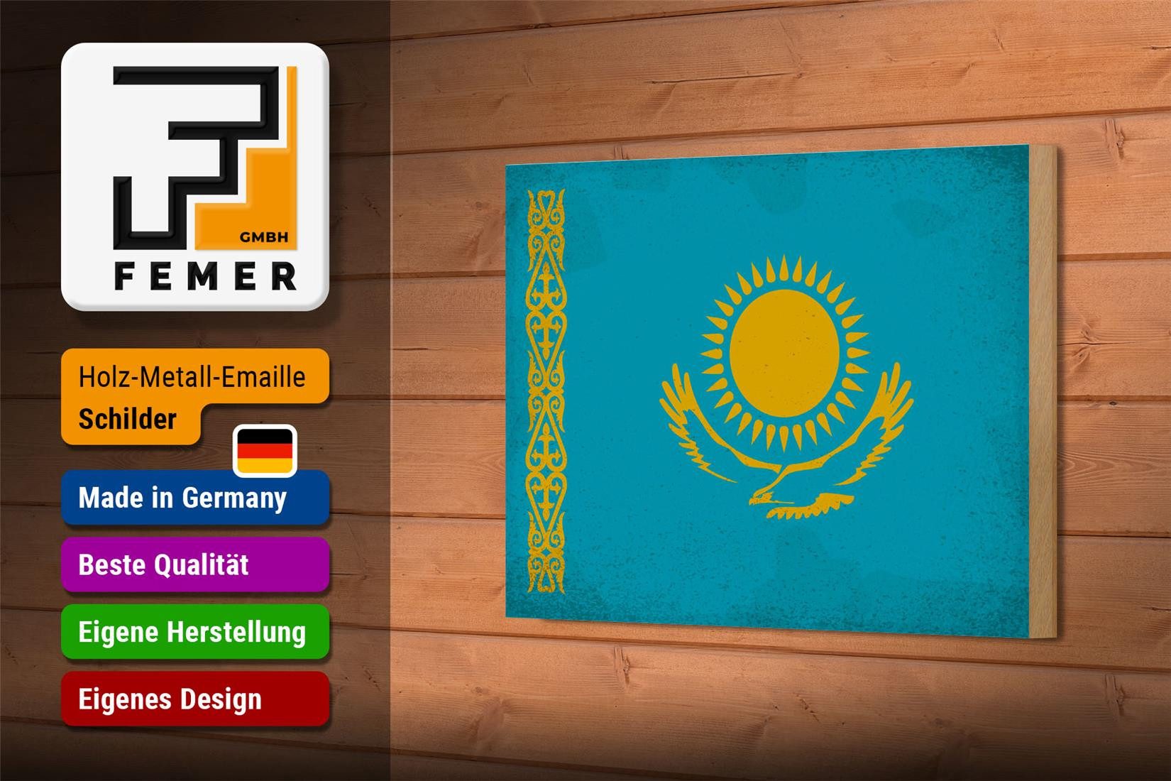 Femer GmbH Holzbild Flagge Kasachstan 18x12 cm Kazakhstan Vintage, Flaggen (1 St), Glatte Holzfaserplatte (MDF), vorn beschichtet