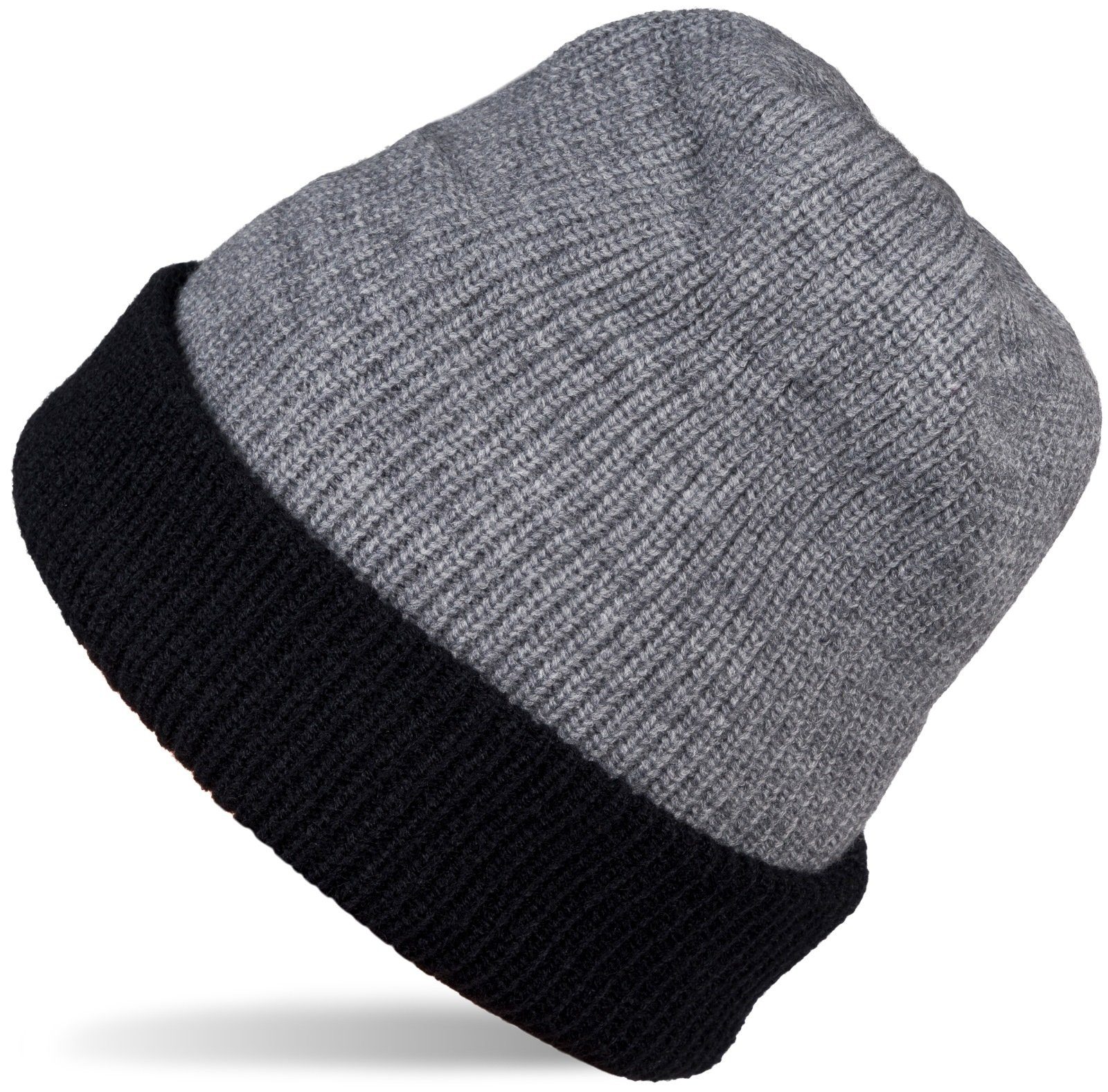 styleBREAKER Grau-Schwarz Wende Beanie doppelt Feinstrick (1-St) Strickmütze gestrickt