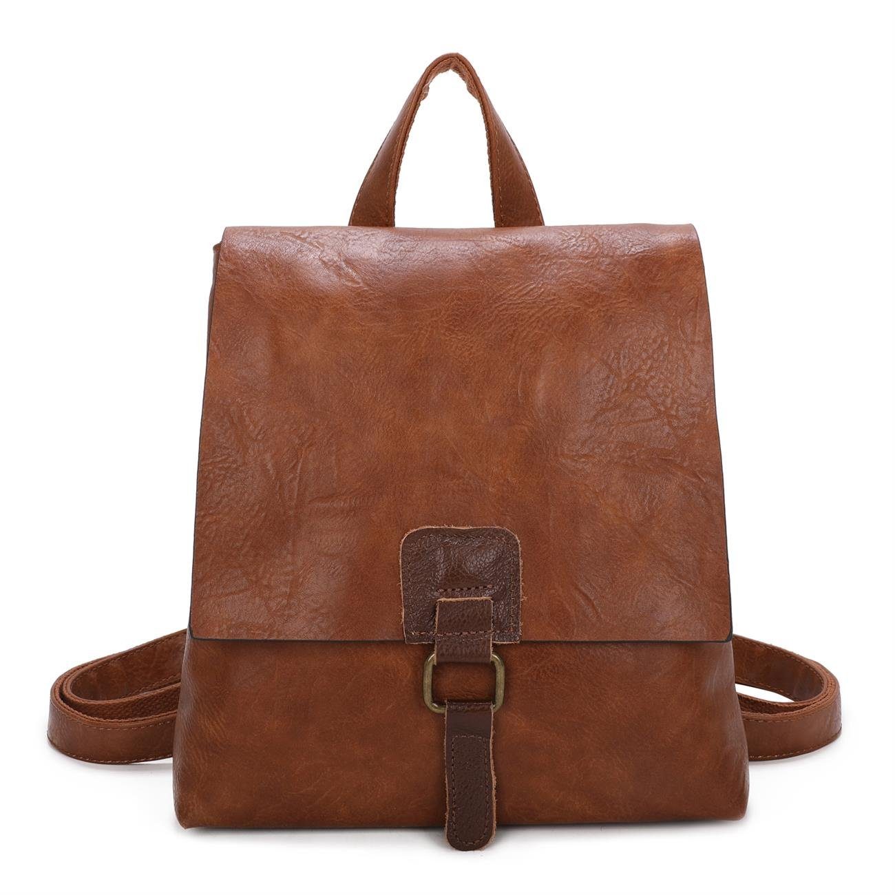 ITALYSHOP24 Rucksack Damen Rucksack Tasche Schultertasche, Vintage Messenger, Crossover als Umhängetasche tragbar Cognac