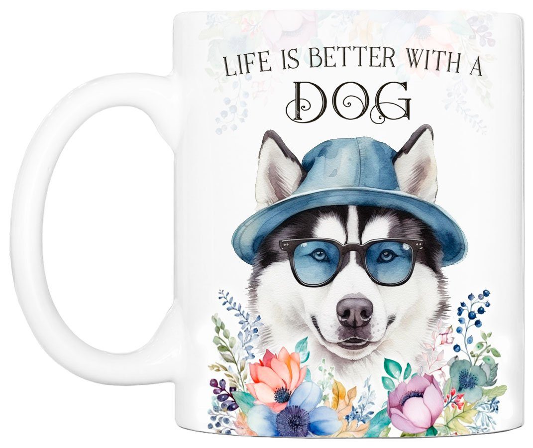 mit bedruckt, Hundefreunde, - Geschenk, Tasse handgefertigt, Hunderasse, beidseitig für Cadouri 330 HUSKY Kaffeetasse ml Keramik,