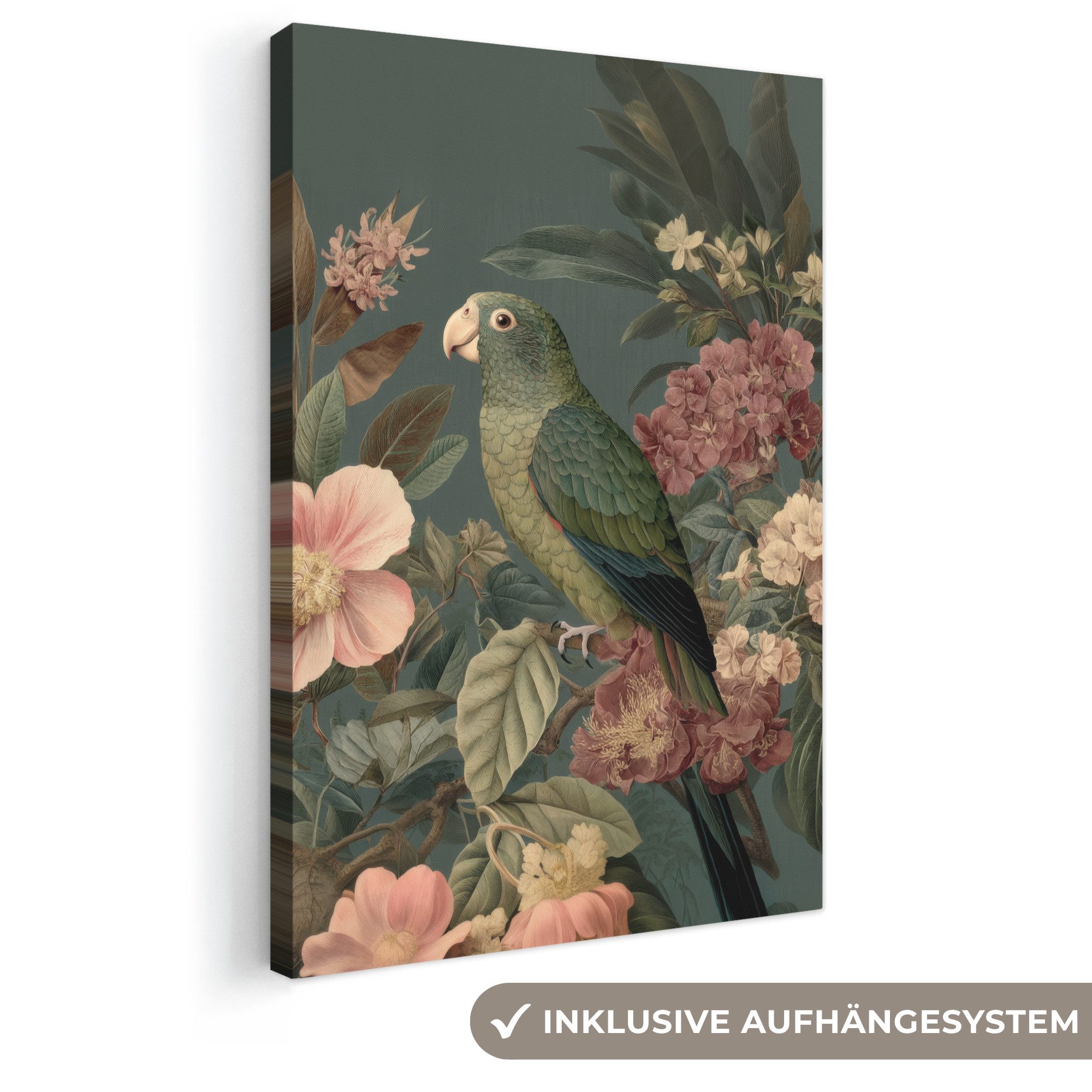 OneMillionCanvasses® Leinwandbild Grüner Papagei - Bunte Blumen - Dunkler Hintergrund, Fotodruck (1 St), Leinwand Canvas Wandbild, Wanddekoration 20x30 cm