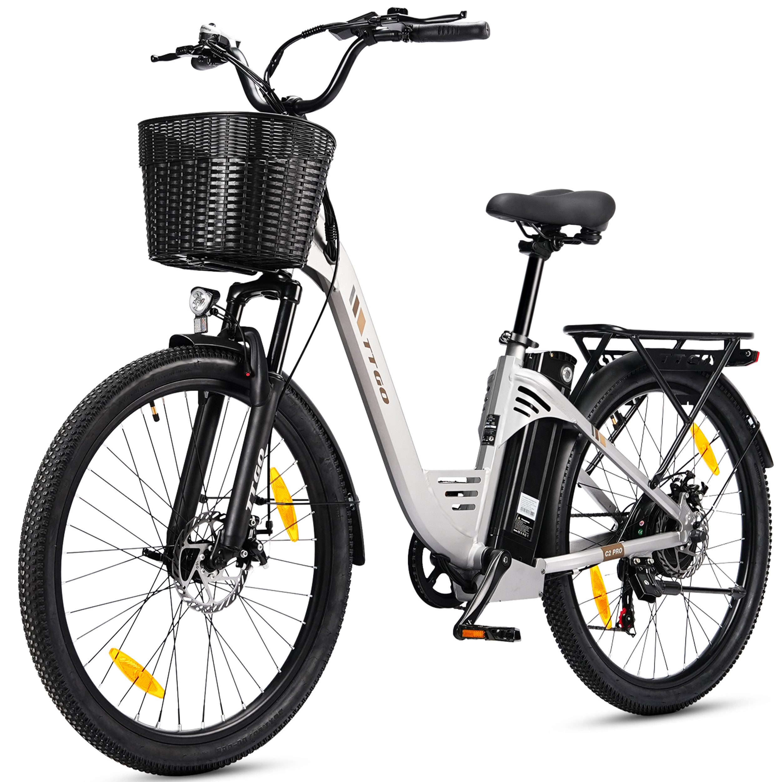 TTGO E-Bike Cityrad 26 Zoll Elektrofahrrad, 80-120km, Federgabel und Federsattelstütze, 7 Gang SHIMANO, Kettenschaltung, Heckmotor, 650 Wh, (für ca. 160–185cm, bis zu 125kg), 5 Stufen, Farbdisplay, Frontkorb, Gepäckträger, für Damen Herren