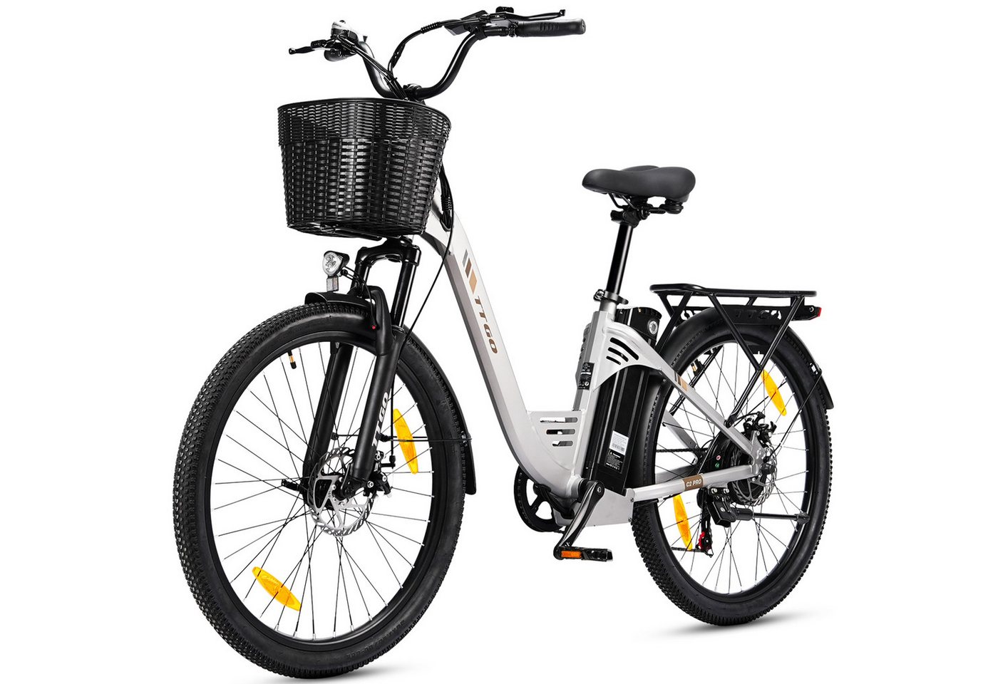 TTGO E-Bike Cityrad 26 Zoll Elektrofahrrad, 80-120km, mit Frontkorb und Gepäckträger, 7 Gang SHIMANO, Kettenschaltung, Heckmotor, 650 Wh, (bis zu 125kg, für ca. 160–185cm), 5 Stufen, Farbdisplay, Aluminiumrahmen, Federgabel, für Damen Herren