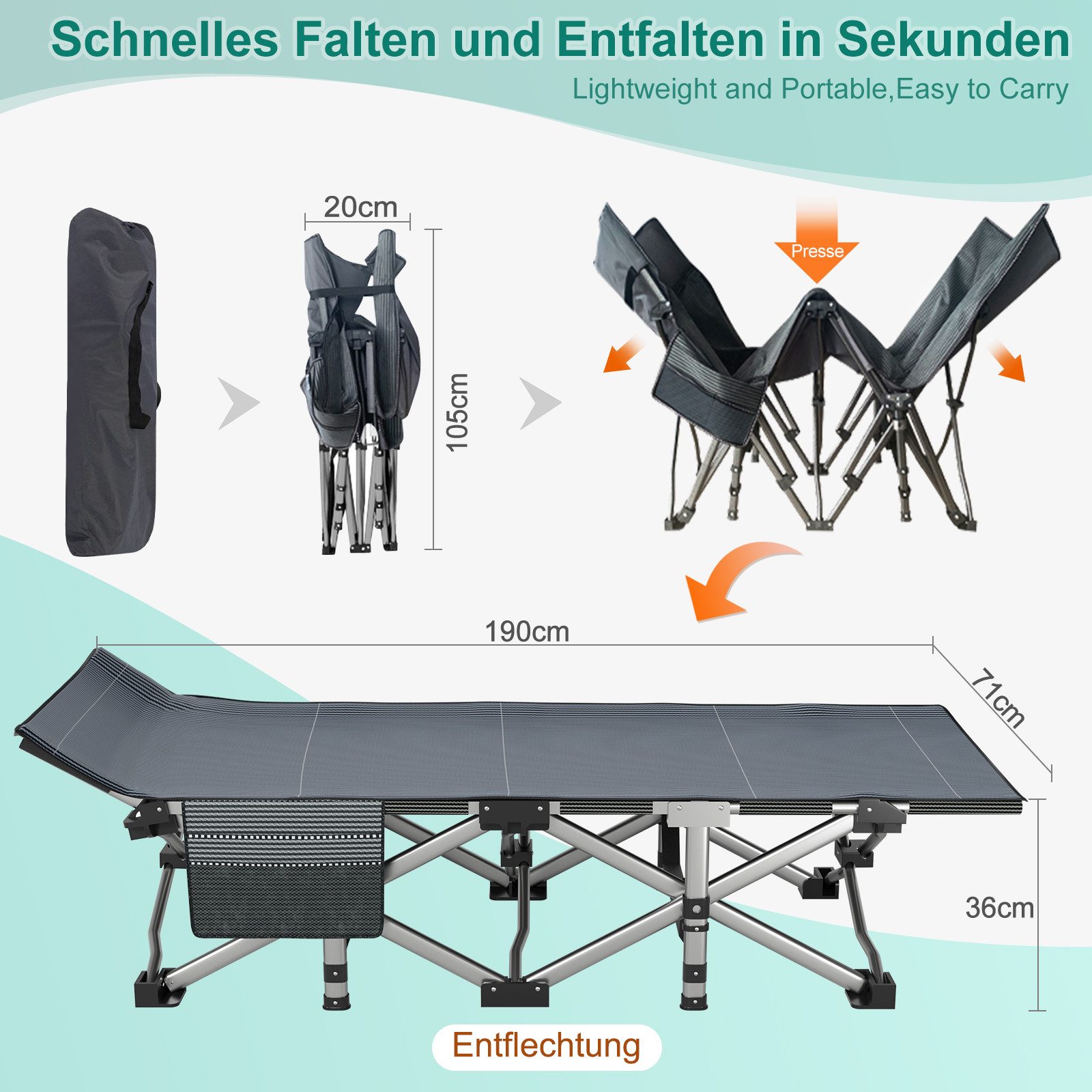 Meulbaty Klappbett 190x71x36cm klappbar Feldbett, Stahlrahmen günstig online kaufen