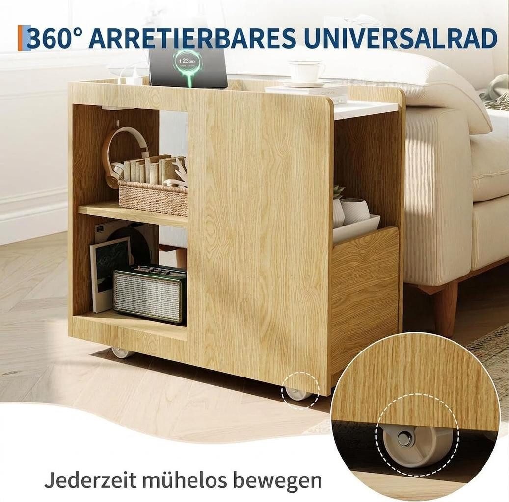 GarveeMore Beistelltisch Mit Ladestation Nachttisch mit Schublade Und Rollen,2 Steckdosen, USB Und USBc-Anschluss,Höhenverstellbarem Einlegeboden,Feststellrolle – Bild 4 von 5