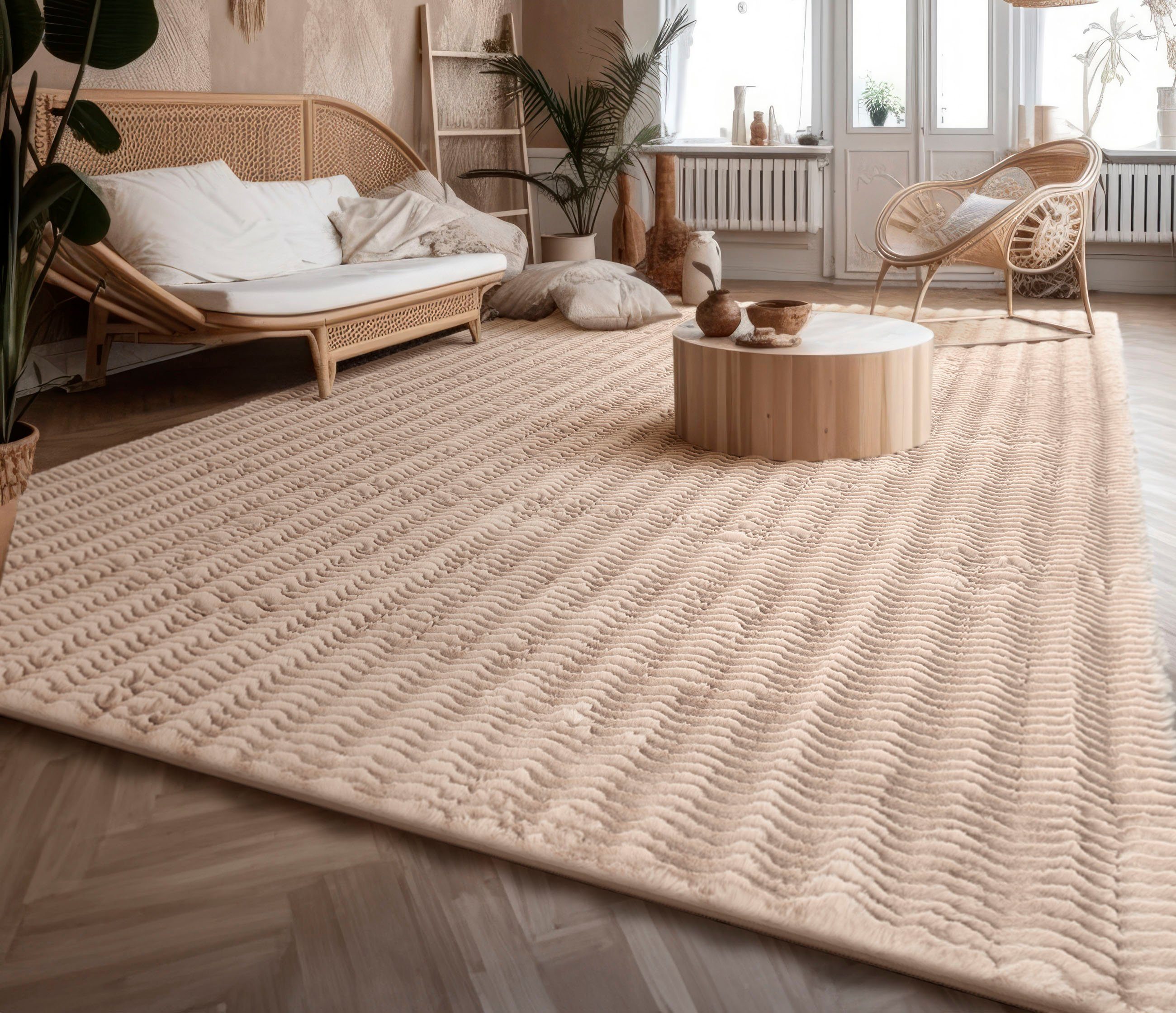 Paco Home Hochflor-Teppich Arnheim 743, rechteckig, Höhe: 27 mm, Uni Farben, Wellen Muster, besonders weich, Hoch-Tief Effekt