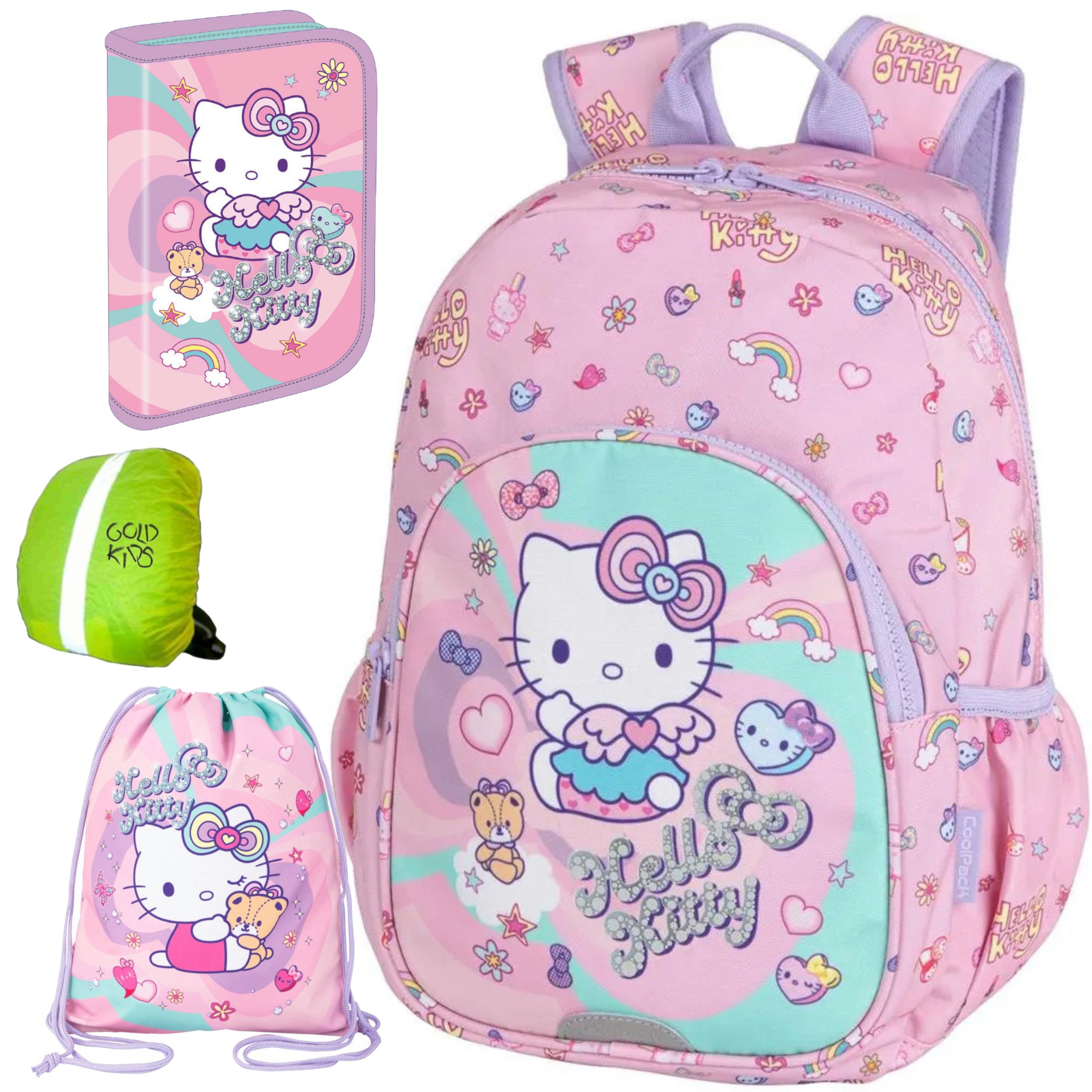 GOLDKIDS Schulranzen für Mädchen, 4er-Set - (Schul-Rucksack für Kinder mit Federmäppchen, 1-tlg., - Schuhbeutel und Regenschutz), - Hello Kitty Motiv