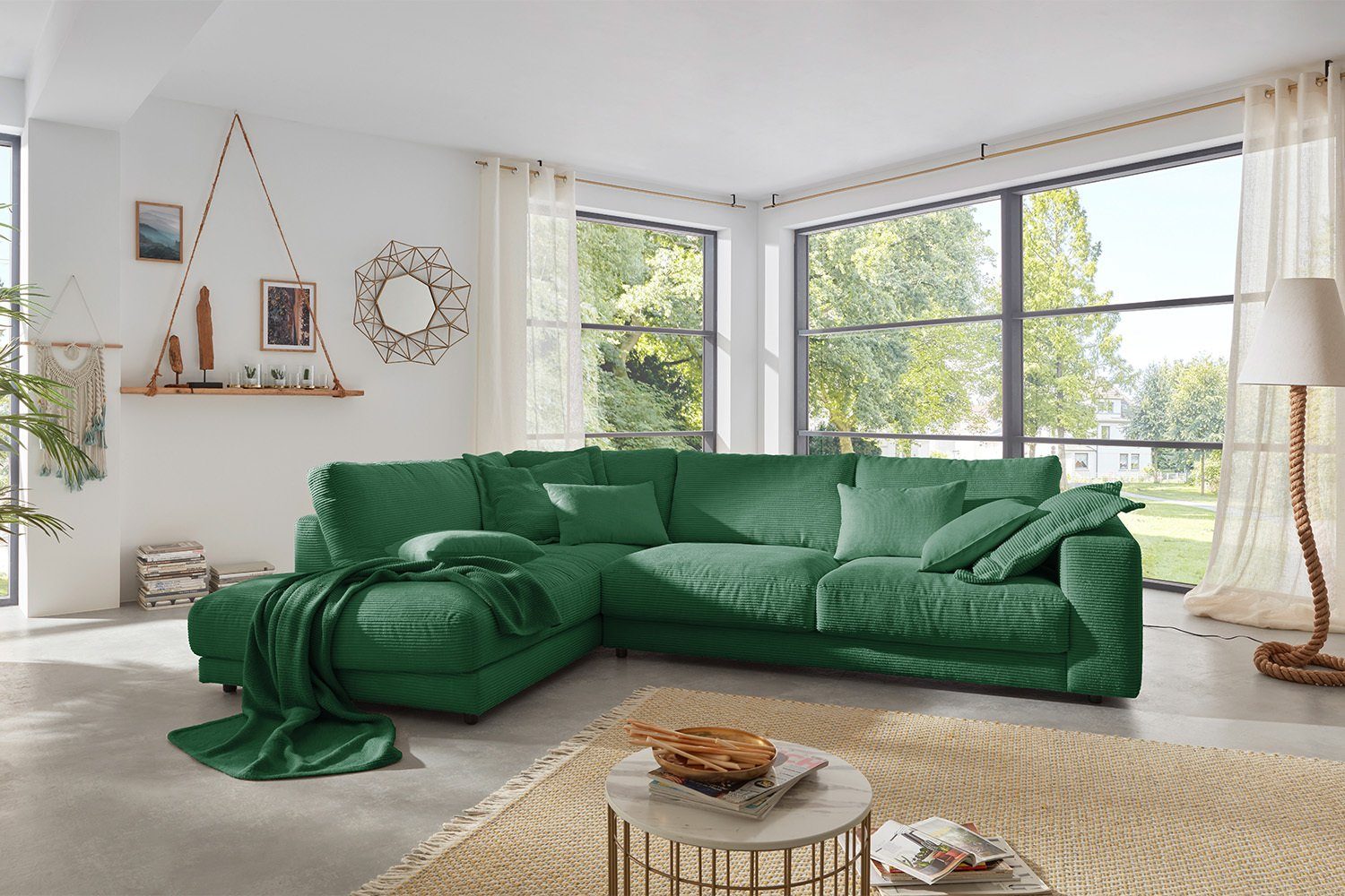 KAWOLA Ecksofa MADELINE, Sofa Cord, Recamiere rechts od. links, versch. Farben smaragd