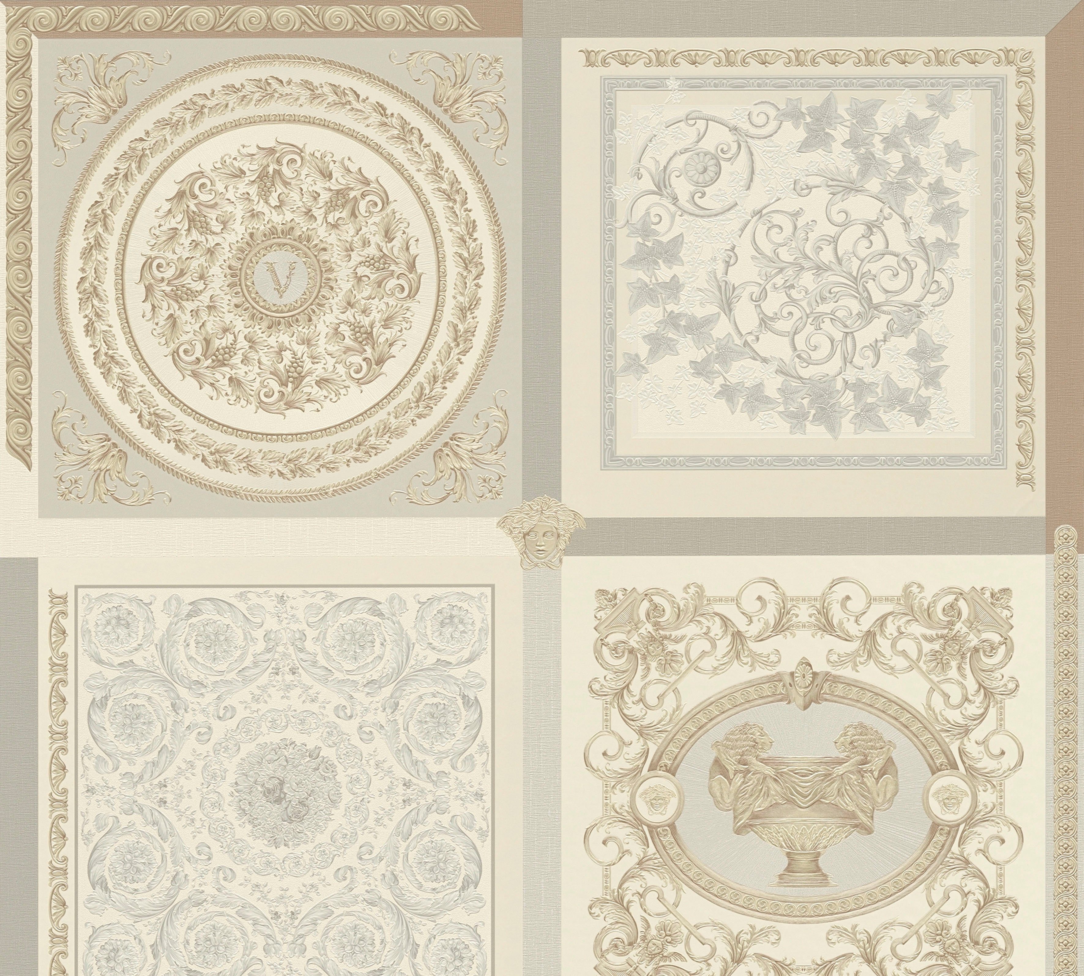 Versace Vliestapete Wallpaper St), leicht strukturiert, glänzend, Versace (1 grau/beige/silberfarben Patchwork, auffallende Fliesen-Tapete 5 leicht Design