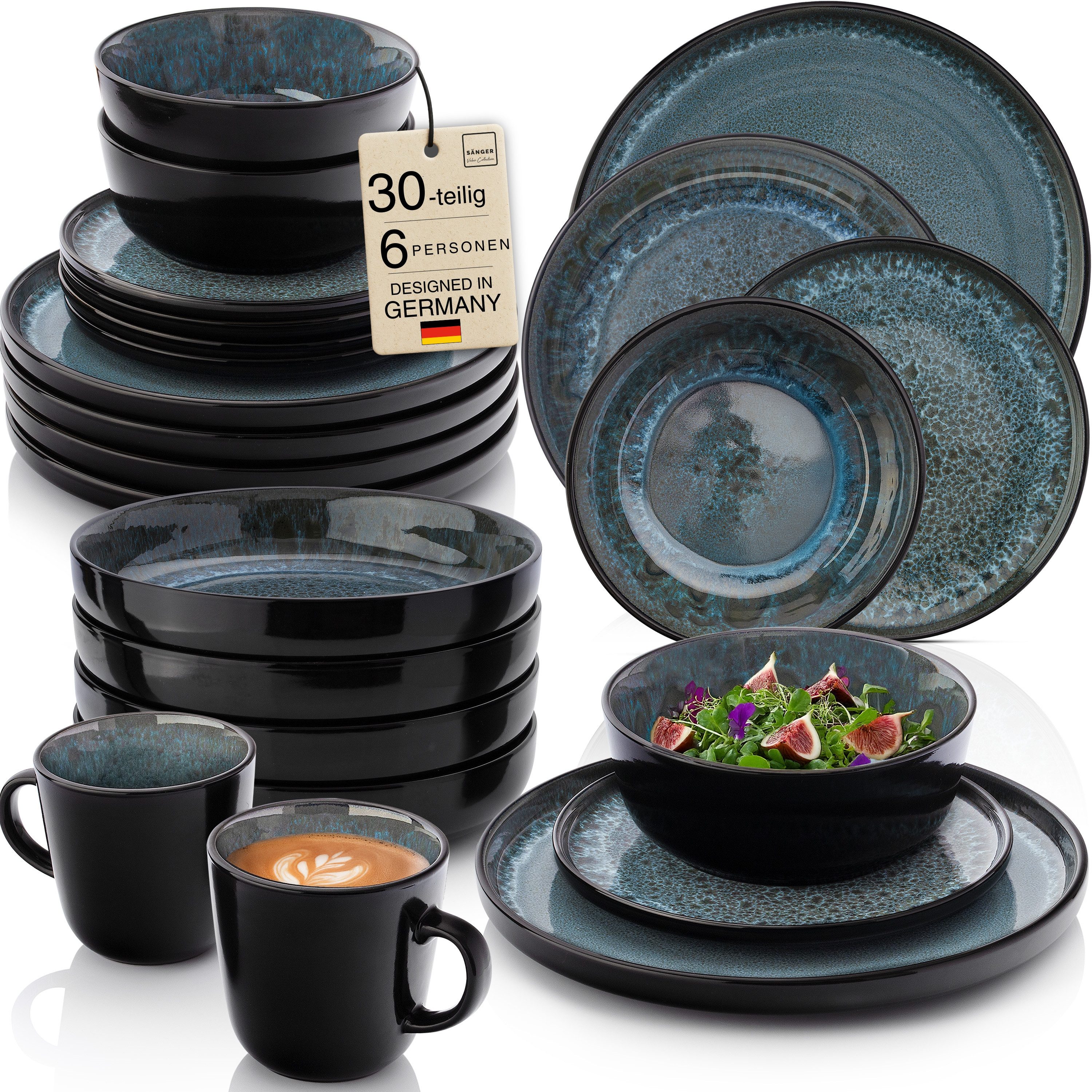 SÄNGER Tafelservice Manila Geschirrset (30-tlg), 6 Personen, Steingut, Blau-Schwarz, Handmade, Erweiterbar, VALUE COLLECTION