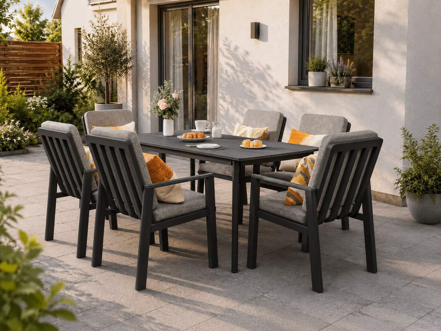 MeXo Gartenlounge-Set Aluminium Gartenmöbel Set, (150 x 80 cm Gartentisch, 7-tlg., mit 6 Stühlen), wetterfeste Essgruppe für Terrasse Balkon Garten