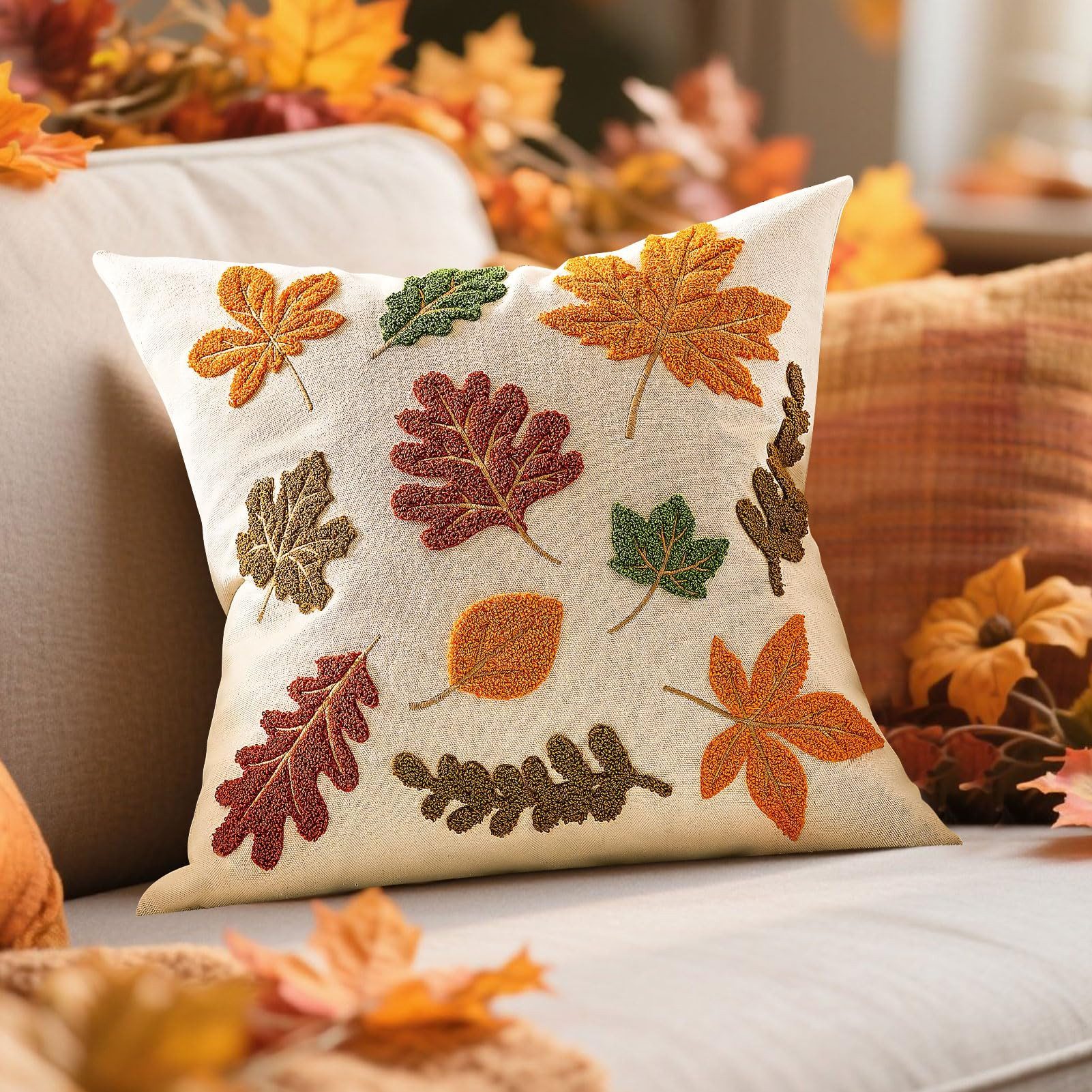Sorvyzxn Kissenbezug 45x45 cm Herbstdeko, Kissenhülle mit 3D-Stickerei und Leinenoptik, (1 Stück), Ahornblatt Muster, Dekokissen Bezug für Sofa Wohnzimmer Schla – Bild 4 von 5