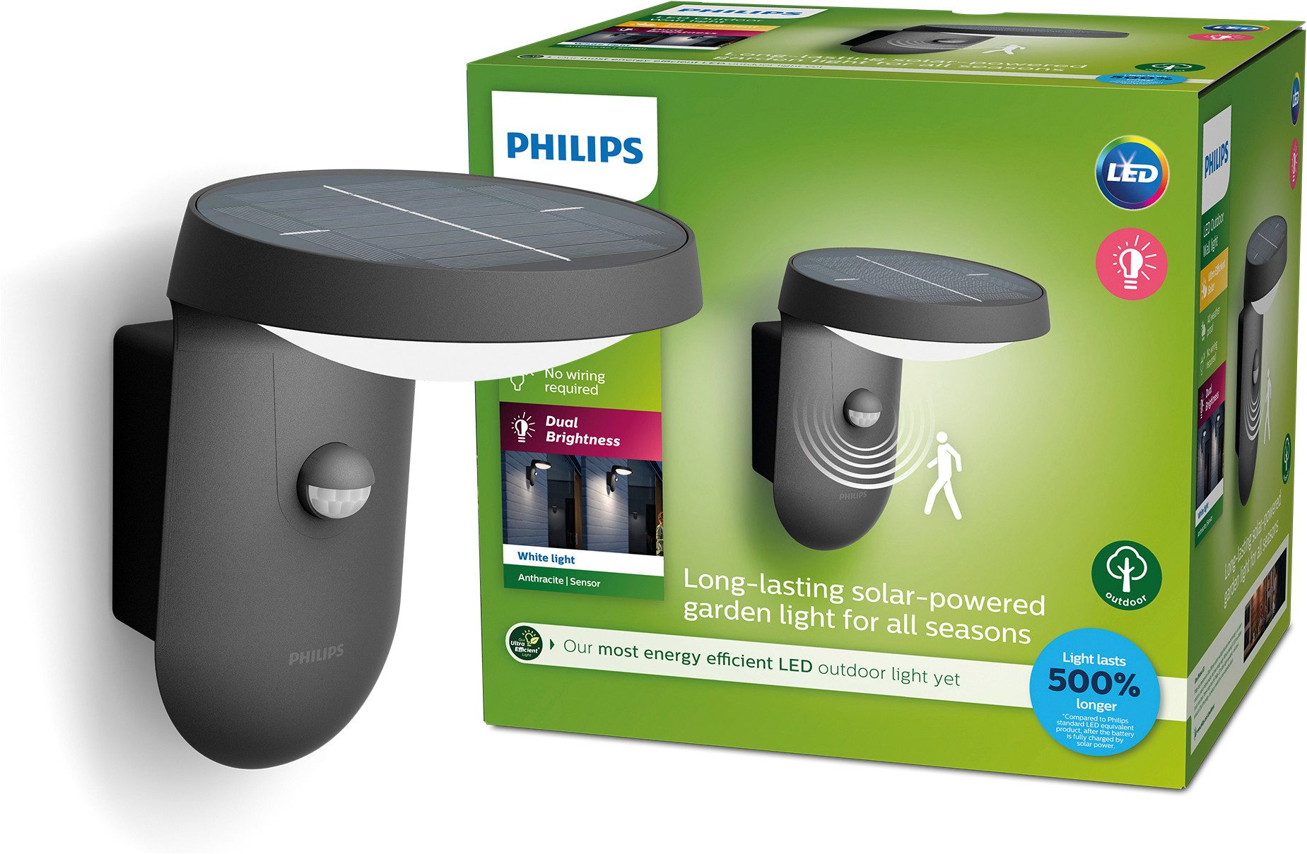 Philips LED Solarleuchte Outdoor Ultra Efficient Tyla, 1.2W, 3000 Kelvin, anthrazit, Abschaltautomatik, Bewegungsmelder, Dimmfunktion, Leuchtdauer einstellbar, Memoryfunktion, Nachtlichtfunktion, Tageslichtsensor, Timerfunktion, mehrere Helligkeitsstufen, LED fest integriert, Warmweiß