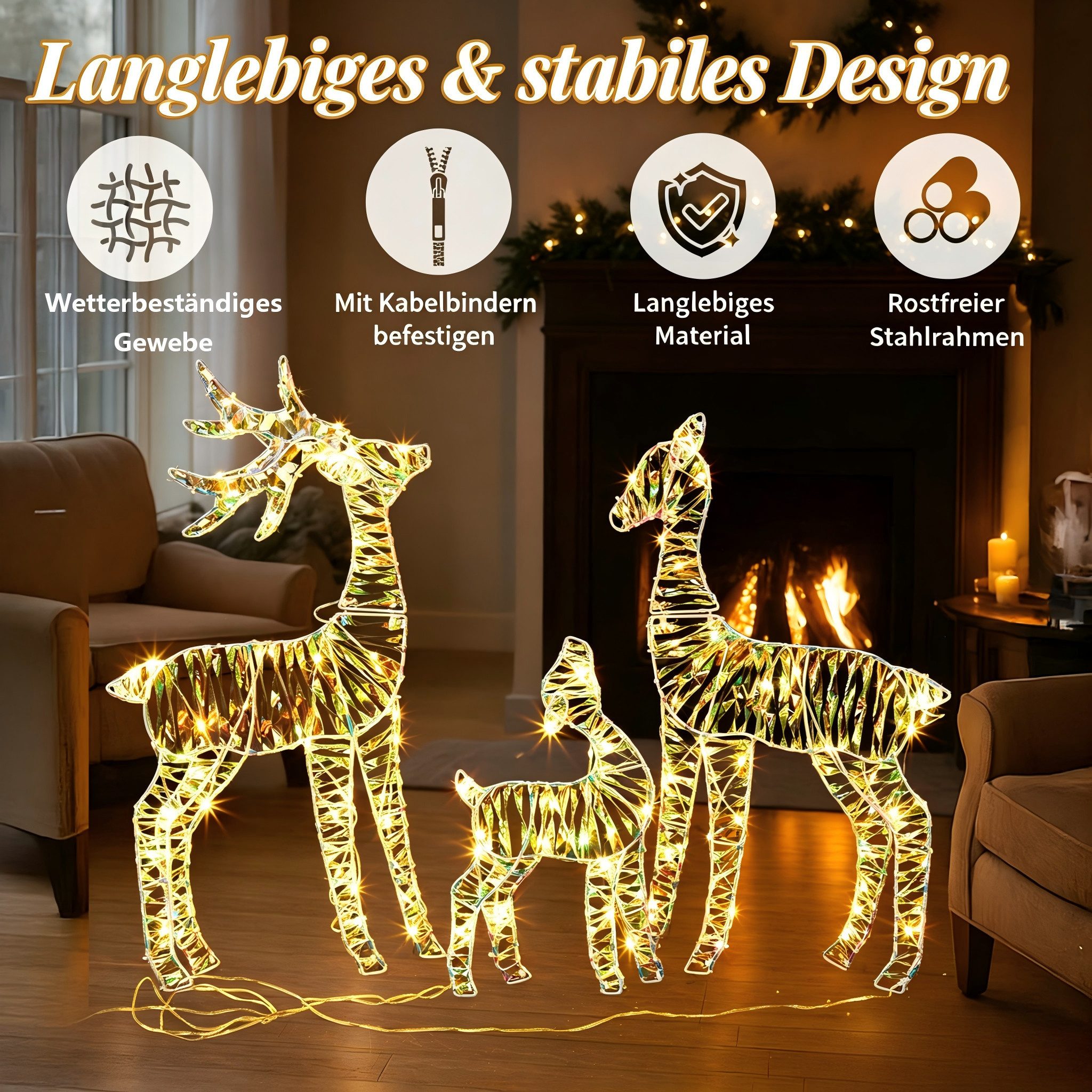 VINGLI LED-Dekofigur Leuchtendes Weihnachtsdeko, 3-teiliges Rentier-Familien-Set, Irideszent-Effekt, 2D Rentier Set, 110 Warmweißen LEDs, 70 cm – Bild 3 von 5
