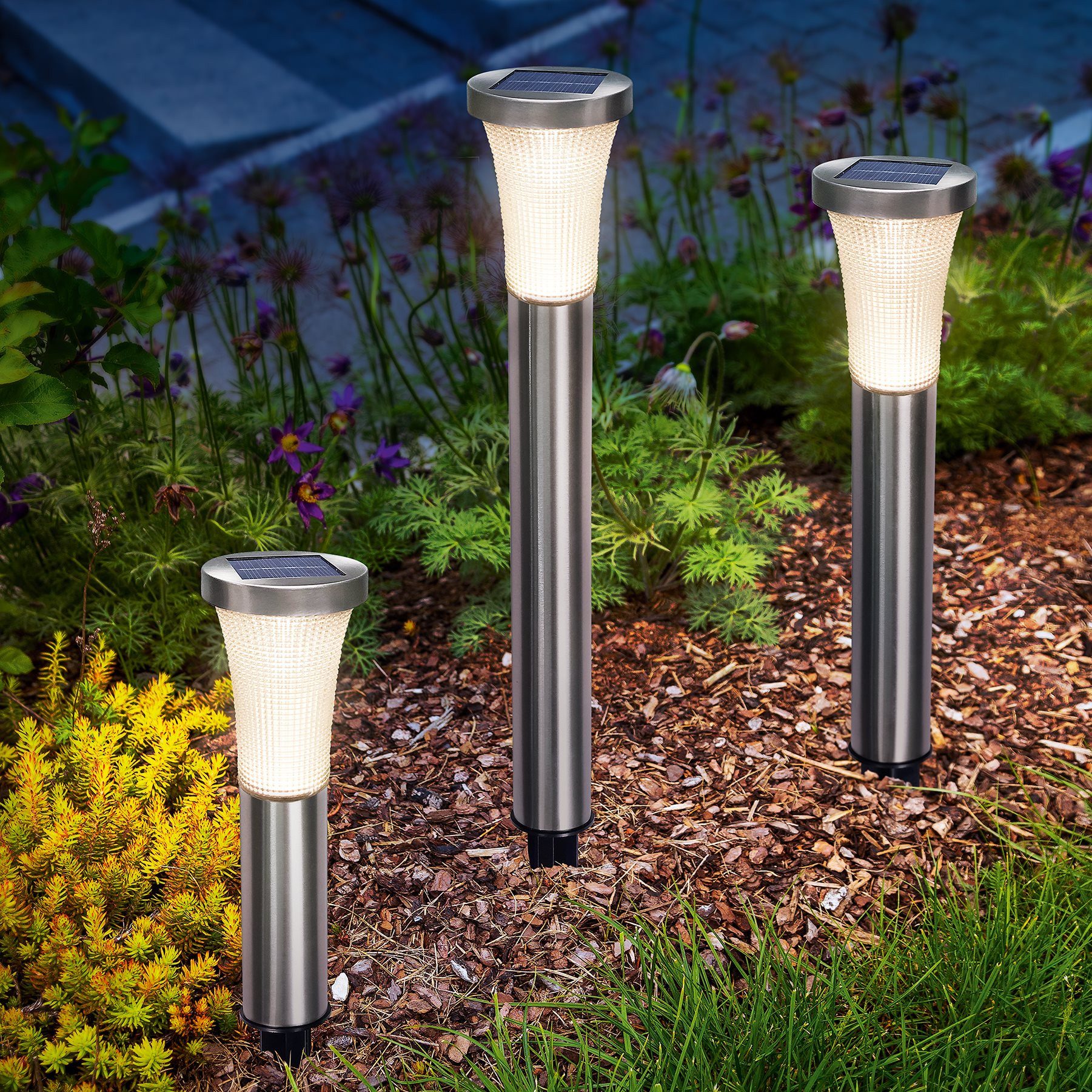 esotec LED Gartenleuchte Edelstahl Solar Standleuchten Padua H=26+35,5+58cm 2800K außen 102479, automatisches Einschalten bei Dämmerung, LED fest integriert, warmweiß
