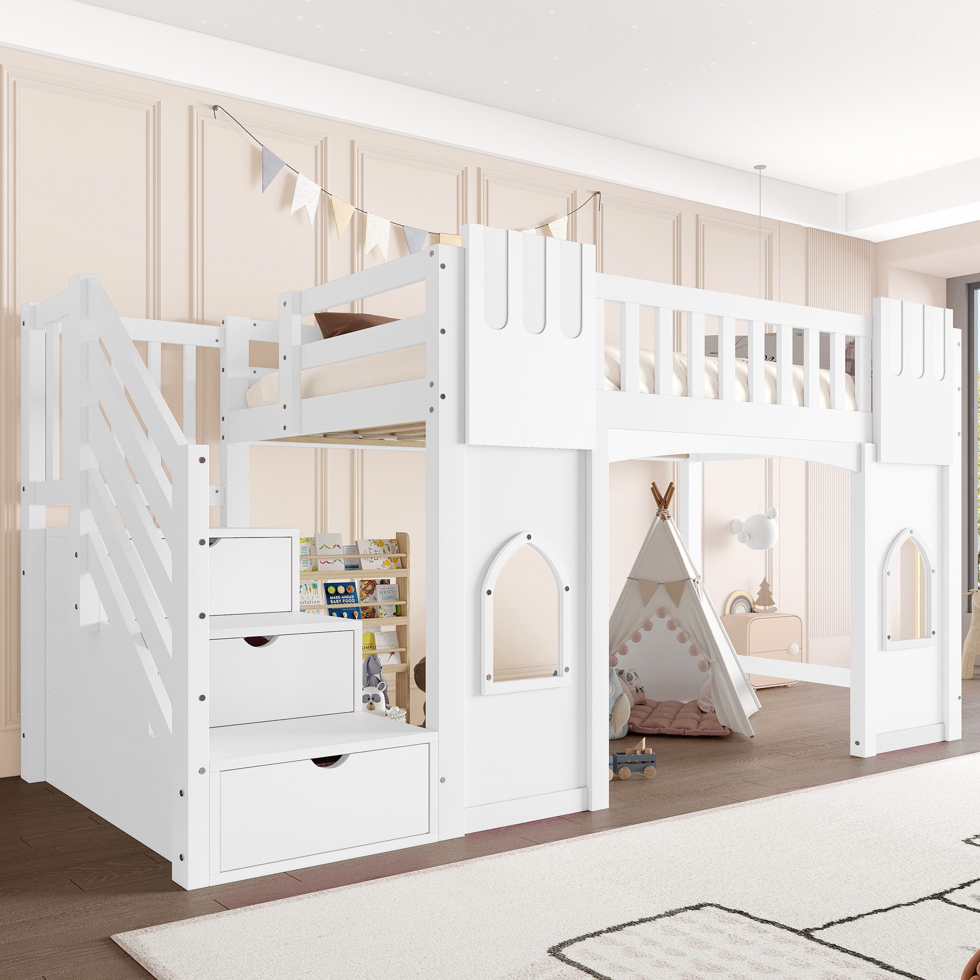 Merax Hochbett (Jugendbett Einzelbett, 1-St., Hausbett) Massivholz Kinderbett 90x200cm mit Stauraumtreppe Fenstern & Geländer