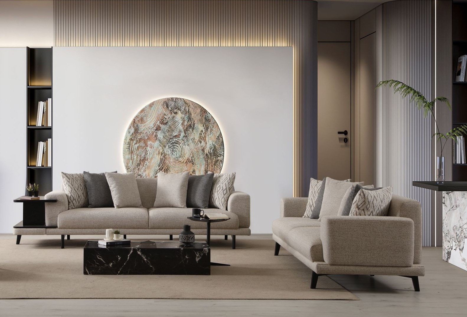 Xlmoebel 3-Sitzer Beige Holz-Textil Sofa von XLMOEBEL mit modernem Design, 2 Teile, Made in Europa