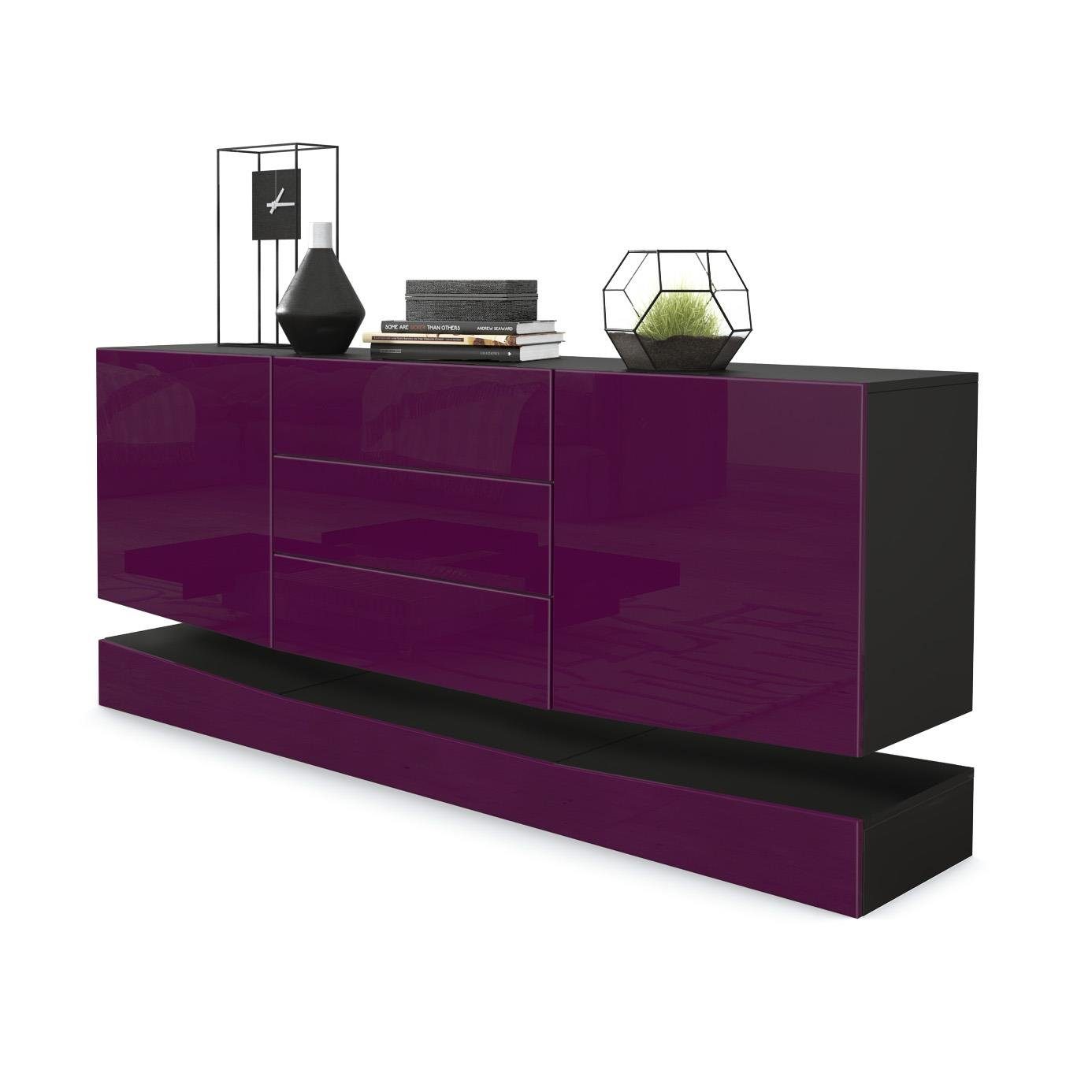 Vladon Sideboard City (Kommode, mit 2 Türen und 3 Schubladen), Schwarz matt/Brombeer Hochglanz (178 x 72 x 38 cm)