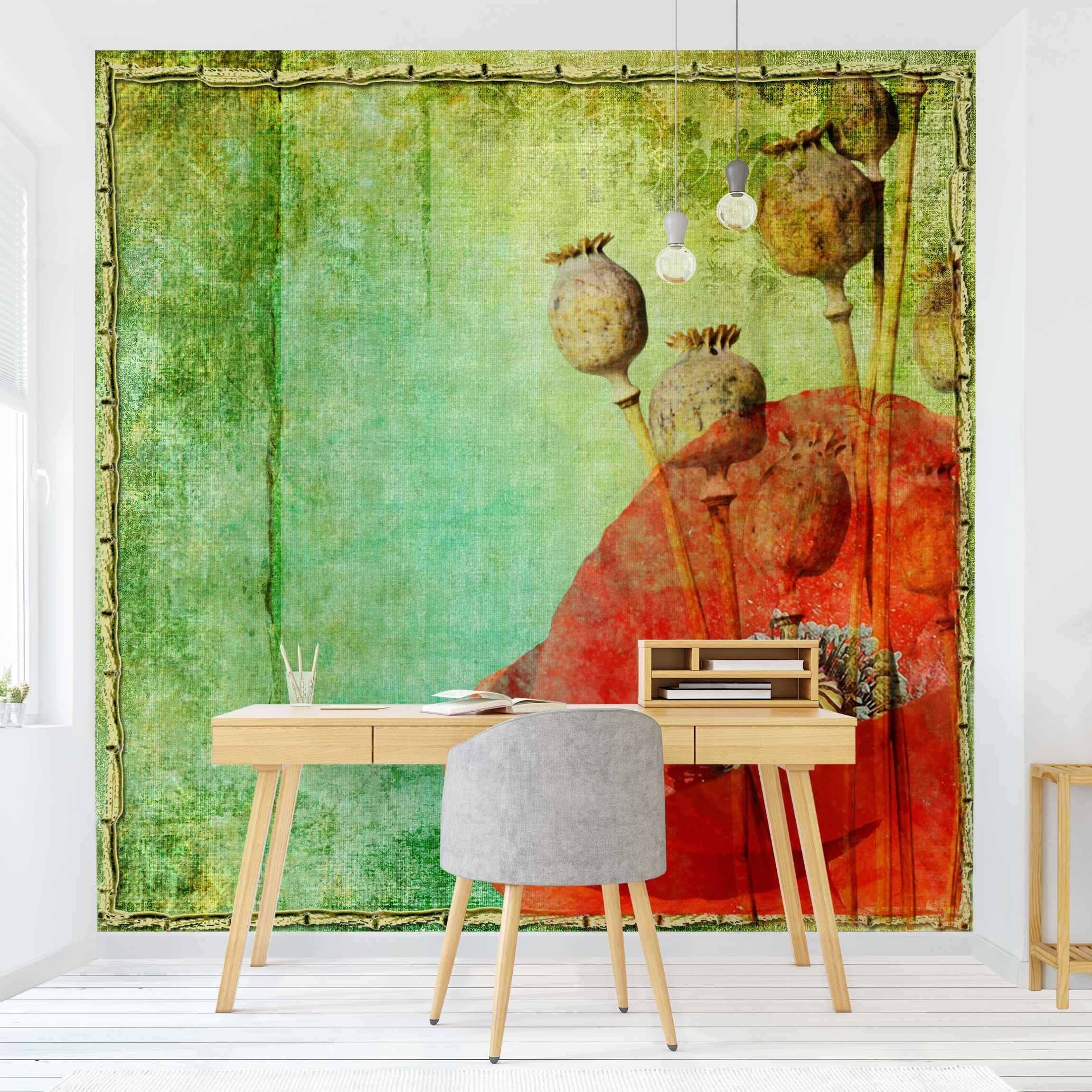 Bilderdepot24 Fototapete Mohnblumen Vintage gerahmt Floral Blumen Natur Wanddeko Rustikal, Glatt, Matt, (Vliestapete inkl. Kleister oder selbstklebend), Wohnzimmer Schlafzimmer Küche Flur Motivtapete Vliestapete Wandtapete