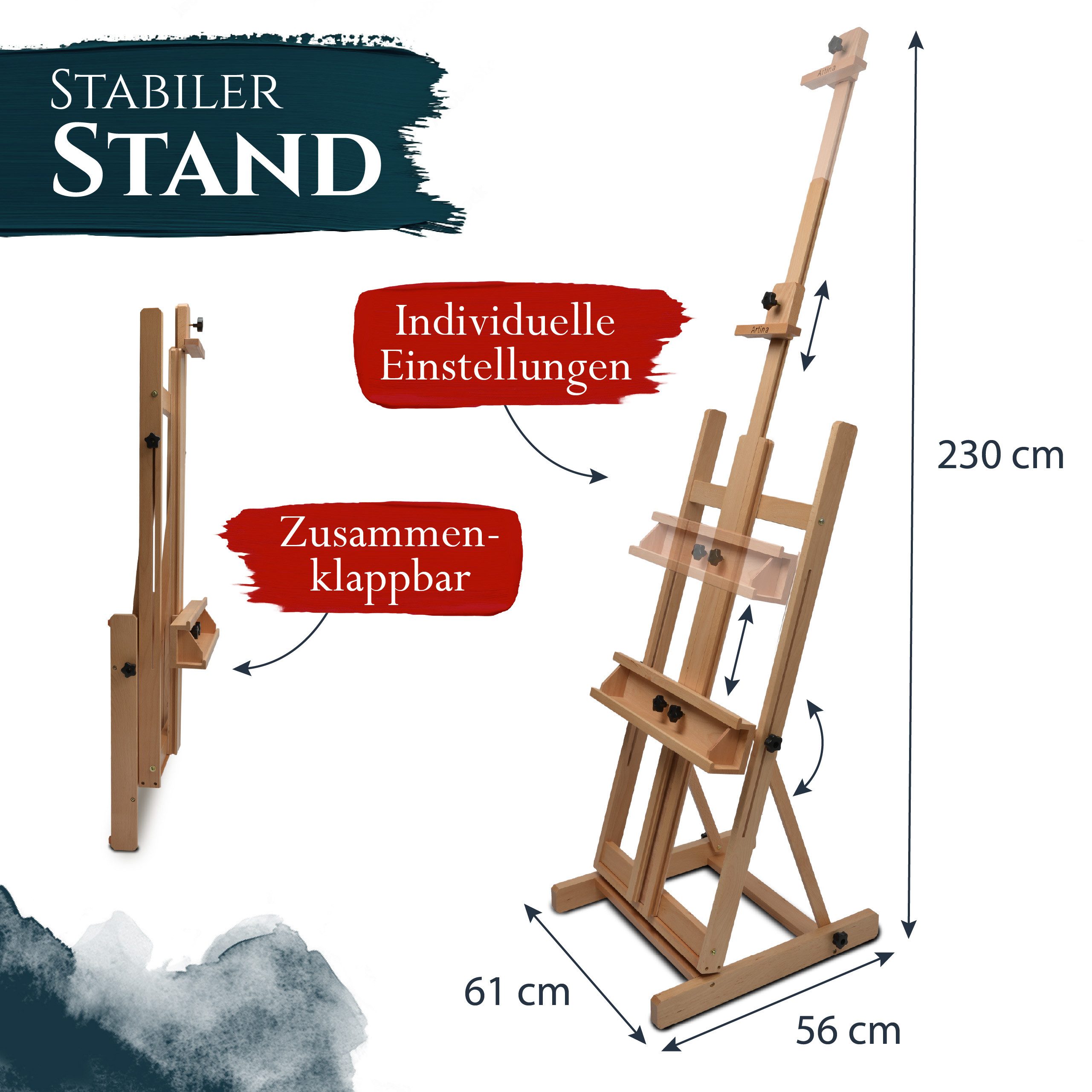 Artina Staffelei Staffelei Groß - Keilrahmen bis 200cm Malstaffelei, aus Massivem Buchenholz - Atelierstaffelei, Studiostaffelei – Bild 5 von 5