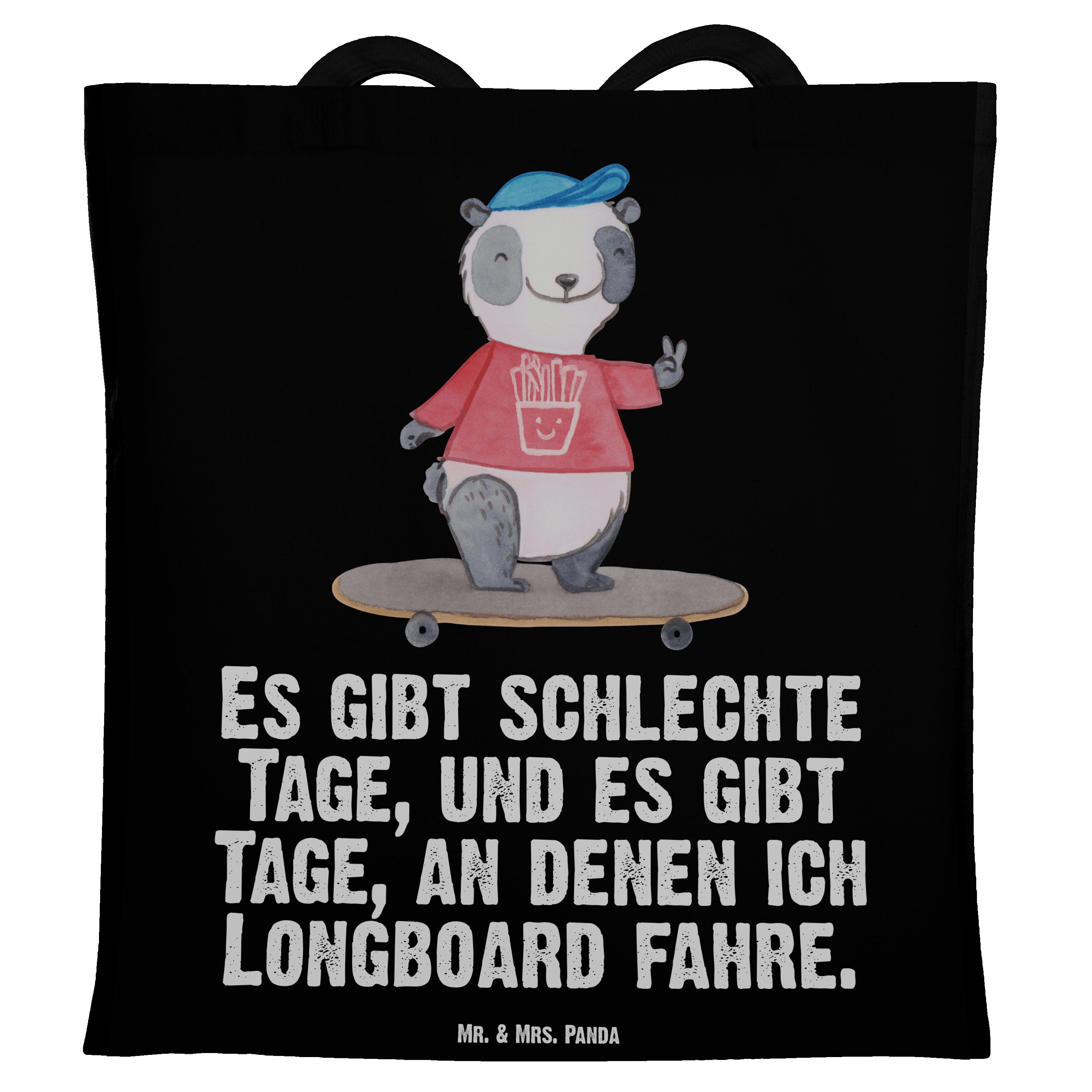 Mr. & Mrs. Panda Tragetasche Panda Longboard fahren Tage - Schwarz - Geschenk, Stoffbeutel, Beutel (1-tlg)